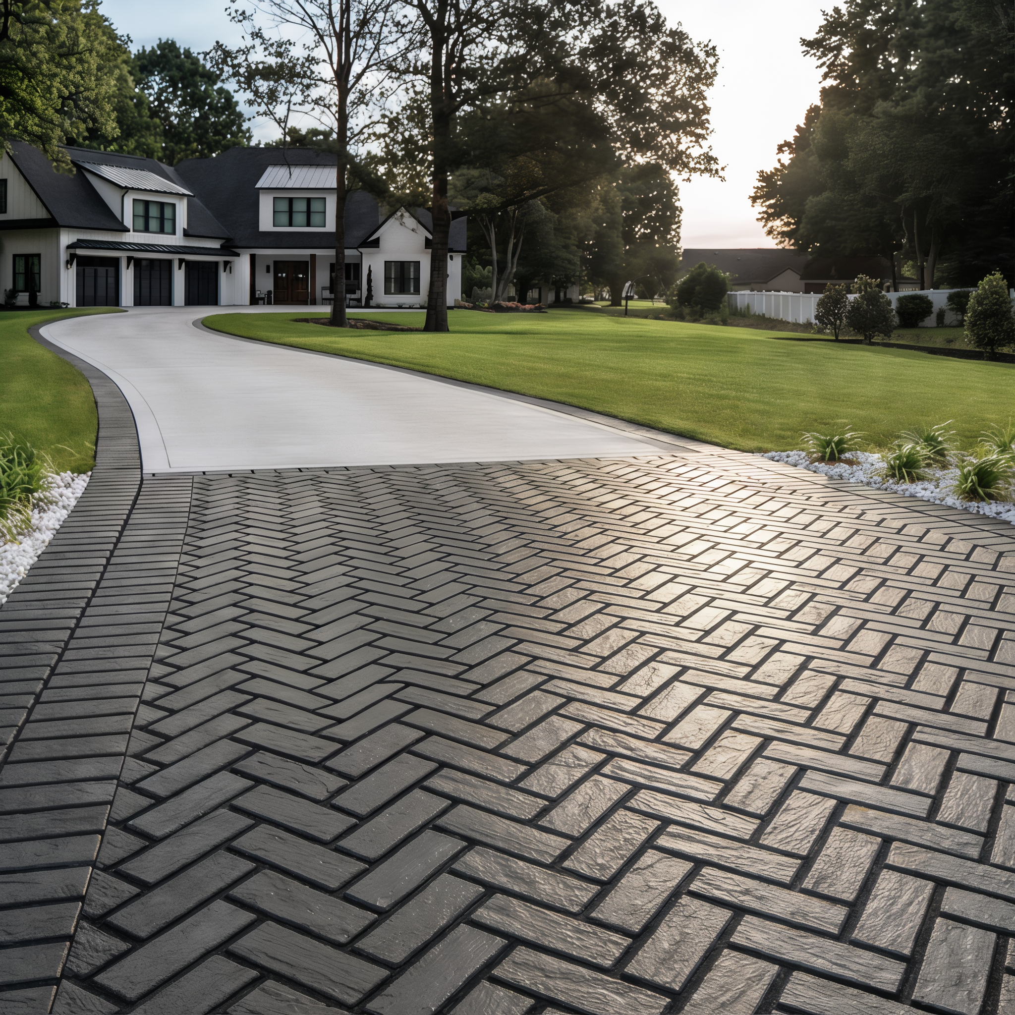 Mika HD² paver by Techo-Bloc in Onyx Black with herringbone pattern for driveways – Ivory Klean-Bloc Slate Single Size #Ivory / Klean-Bloc Slate#Single Size