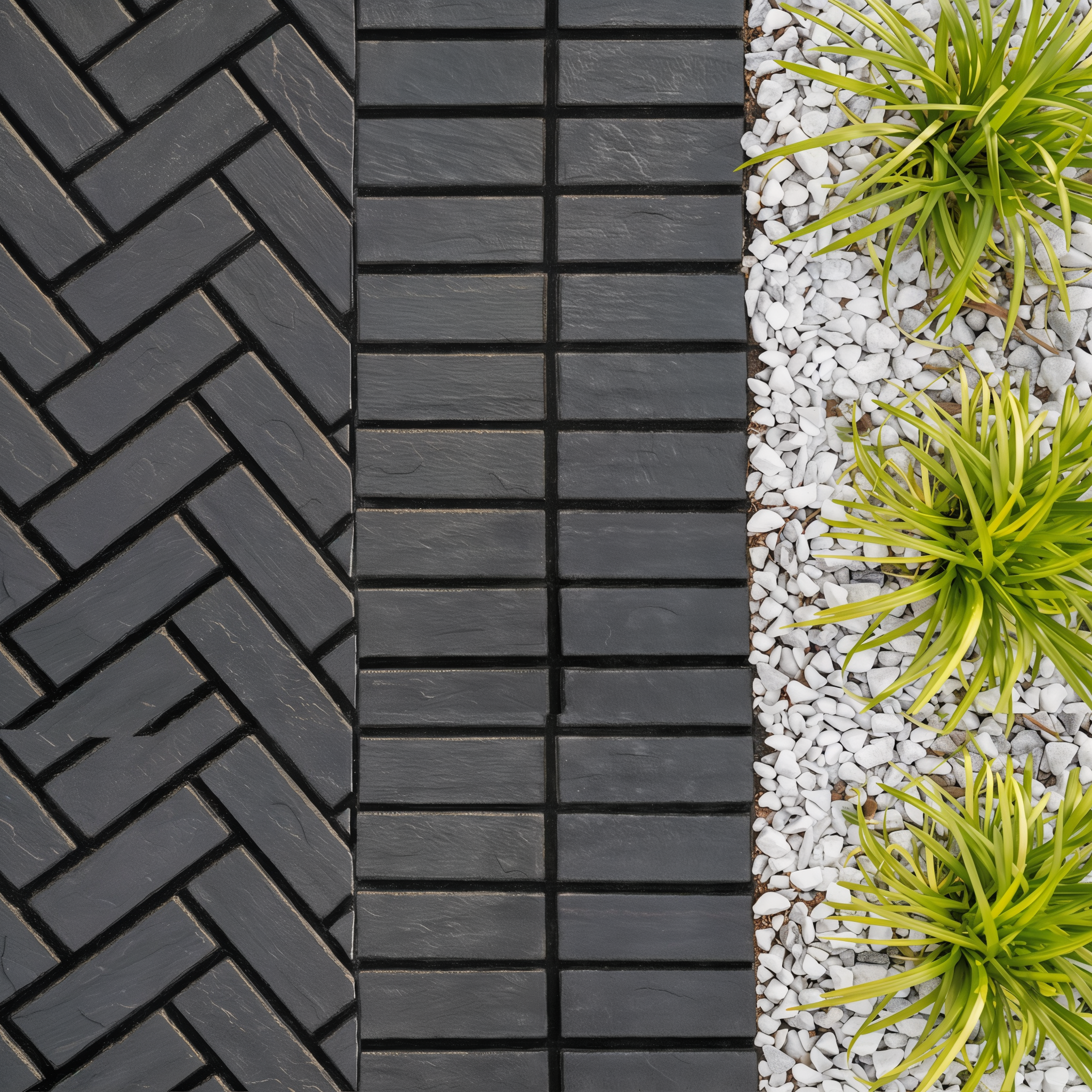 Herringbone and linear patterns of Mika HD² paver by Techo-Bloc in Onyx Black beside gravel – Onyx Black Klean-Bloc Slate Single Size