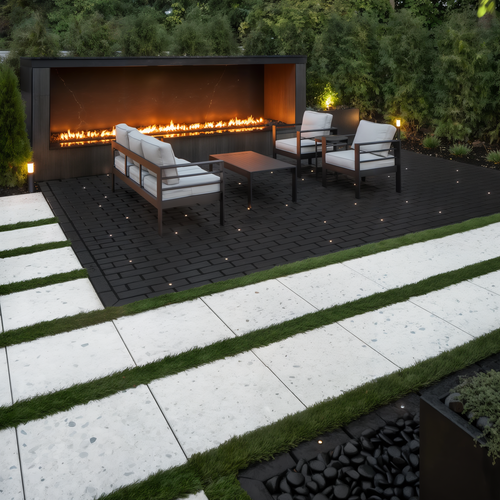Modern patio with Techo-Bloc Terrazzo slab in Mineral White and Mika paver in Onyx Black – Onyx Black Klean-Bloc Slate Single Size