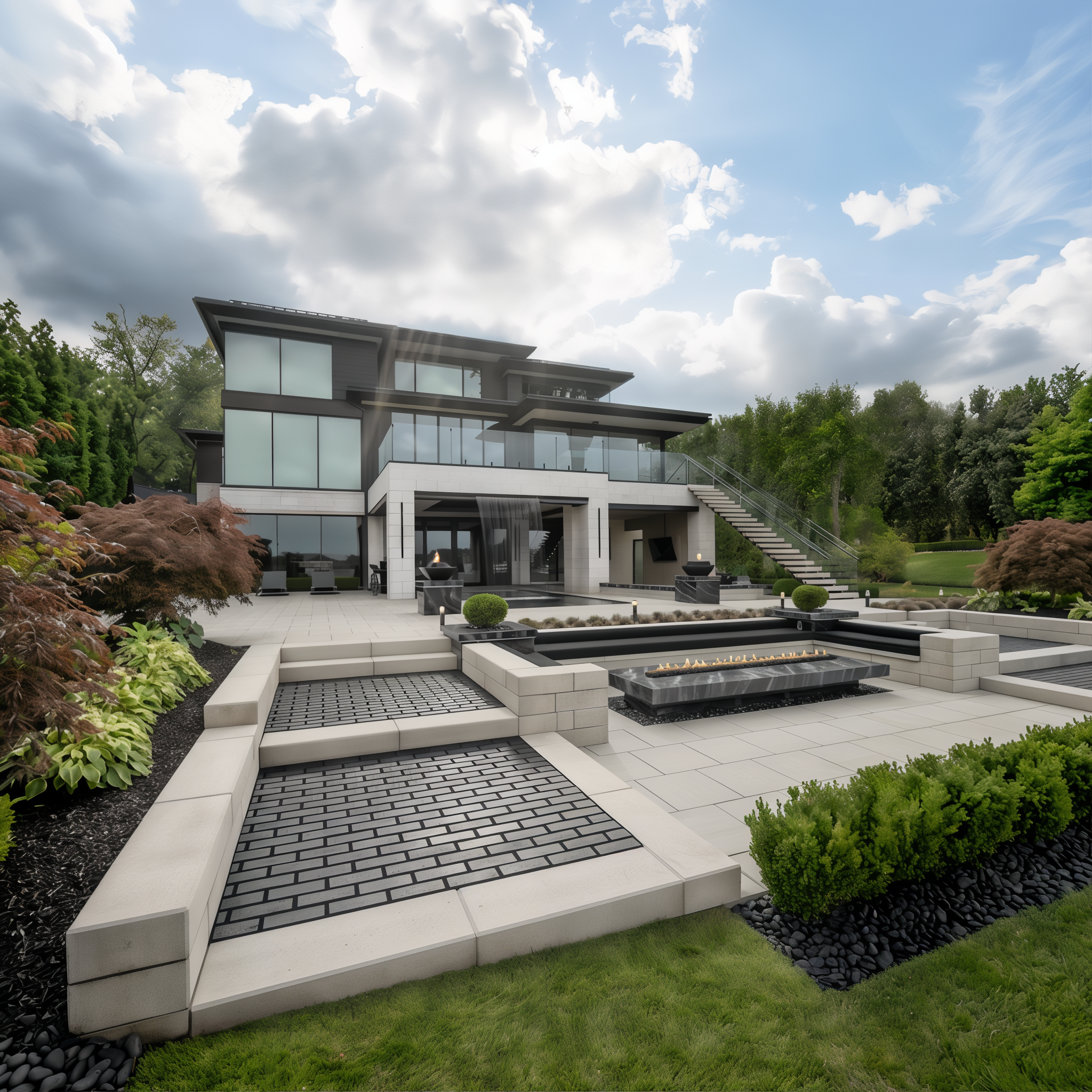 Tiered patio featuring Mika HD² paver by Techo-Bloc in Onyx Black with fire and water features – Onyx Black Klean-Bloc Slate Single Size