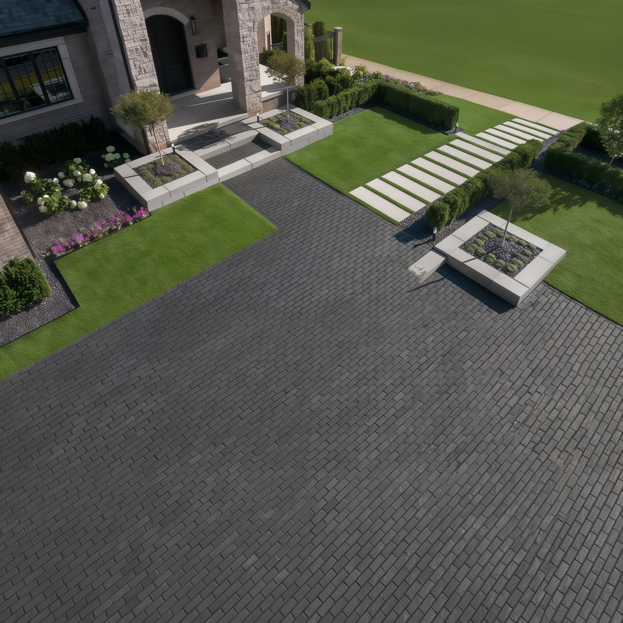 Walkway with Mika HD² paver by Techo-Bloc in Onyx Black leading through manicured gardens – Onyx Black Klean-Bloc Slate Single Size