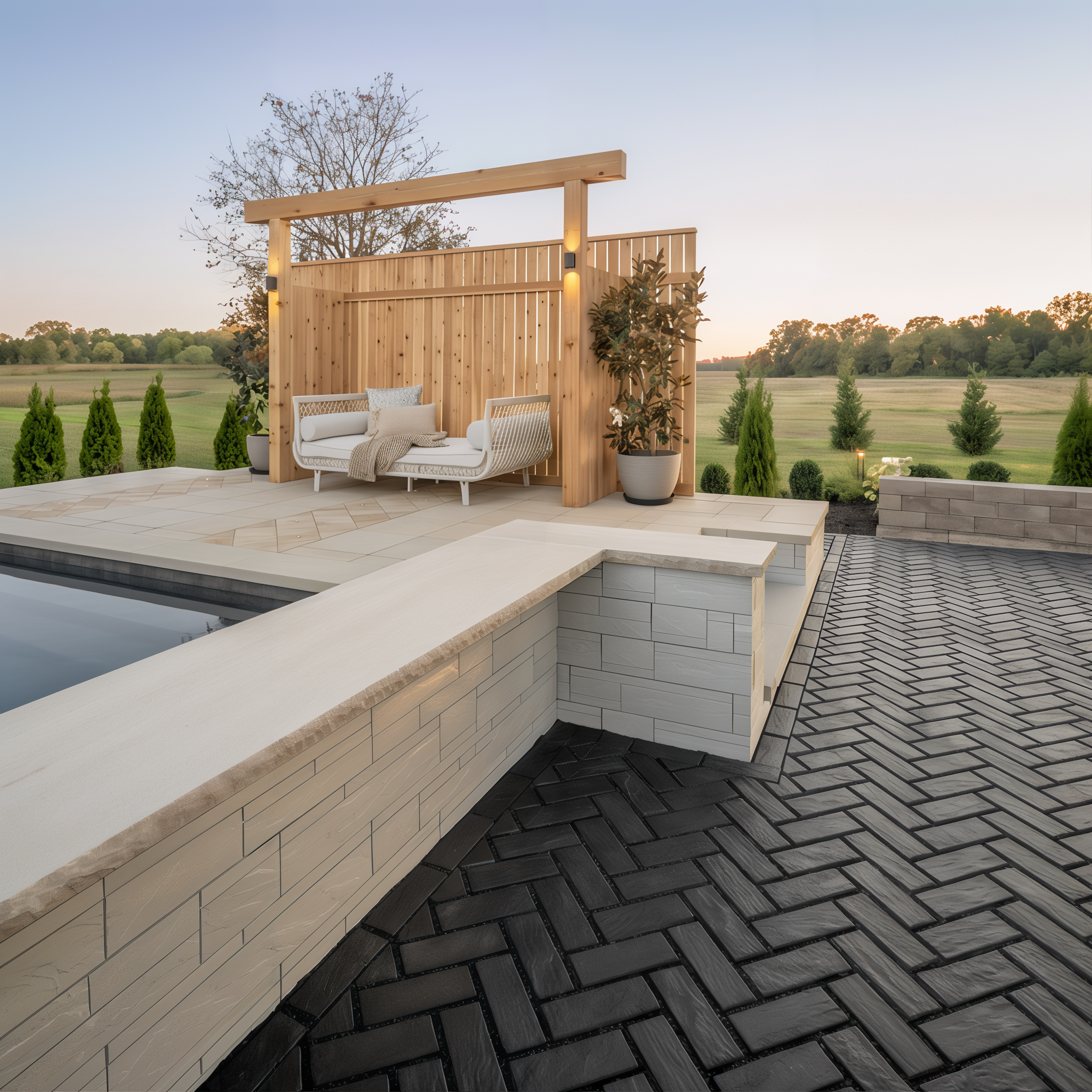 Small lounging area with wood screen and Mika HD² paver by Techo-Bloc in Onyx Black – Ivory Klean-Bloc Slate Single Size