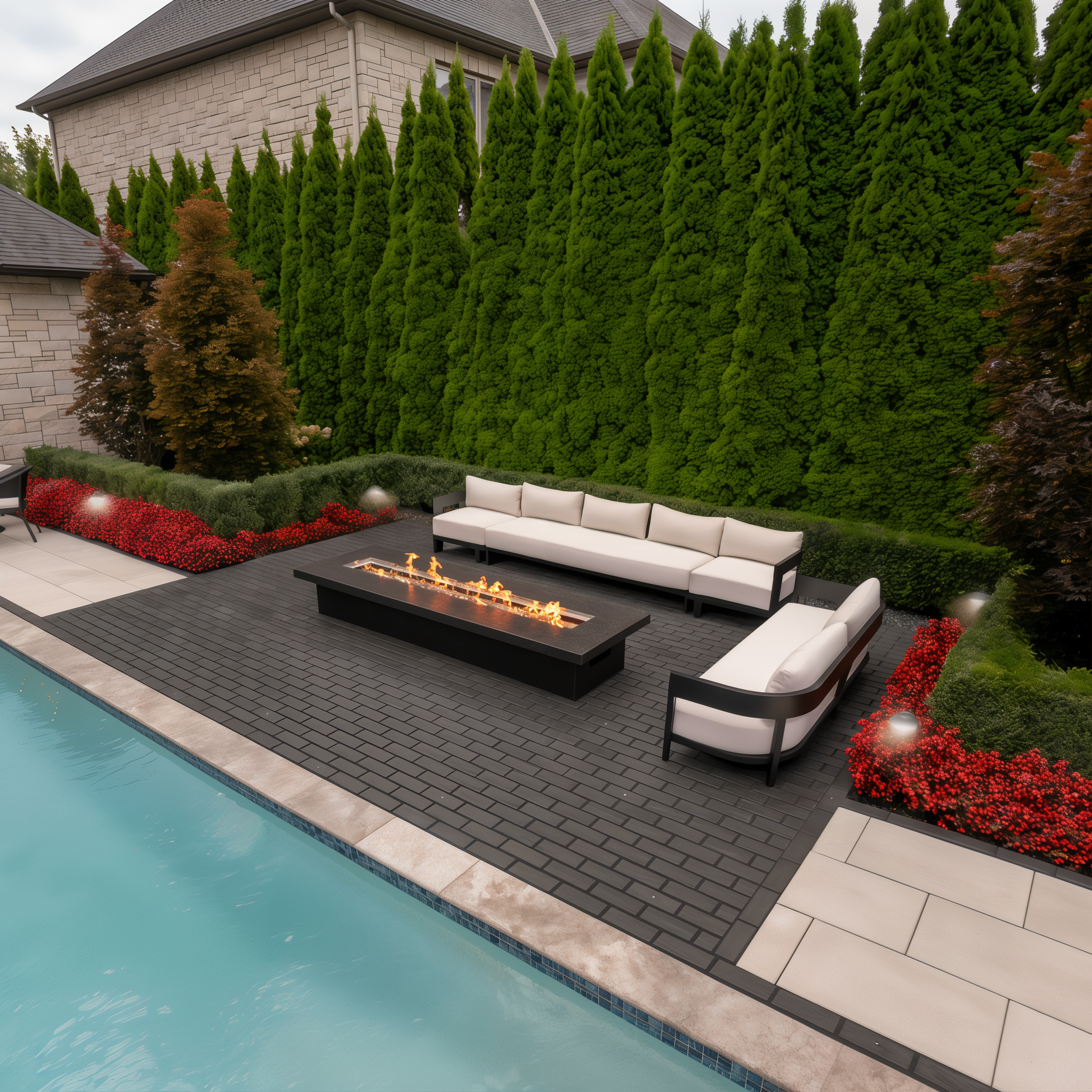 Fire lounge area with Mika HD² paver by Techo-Bloc in Onyx Black beside a pool – Ivory Klean-Bloc Slate Single Size