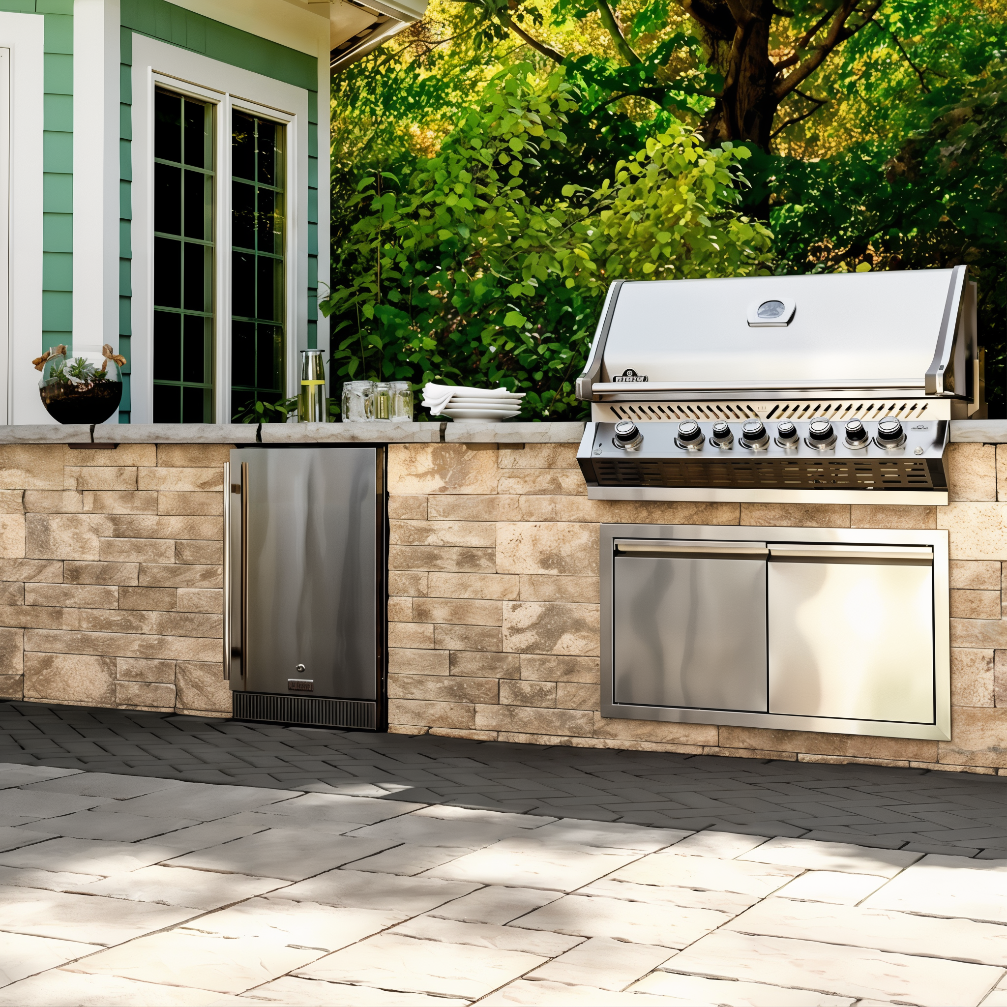 Techo-Bloc Mini-Creta Architectural Wall Caffè Crema wall and pillar in a landscaped setting.