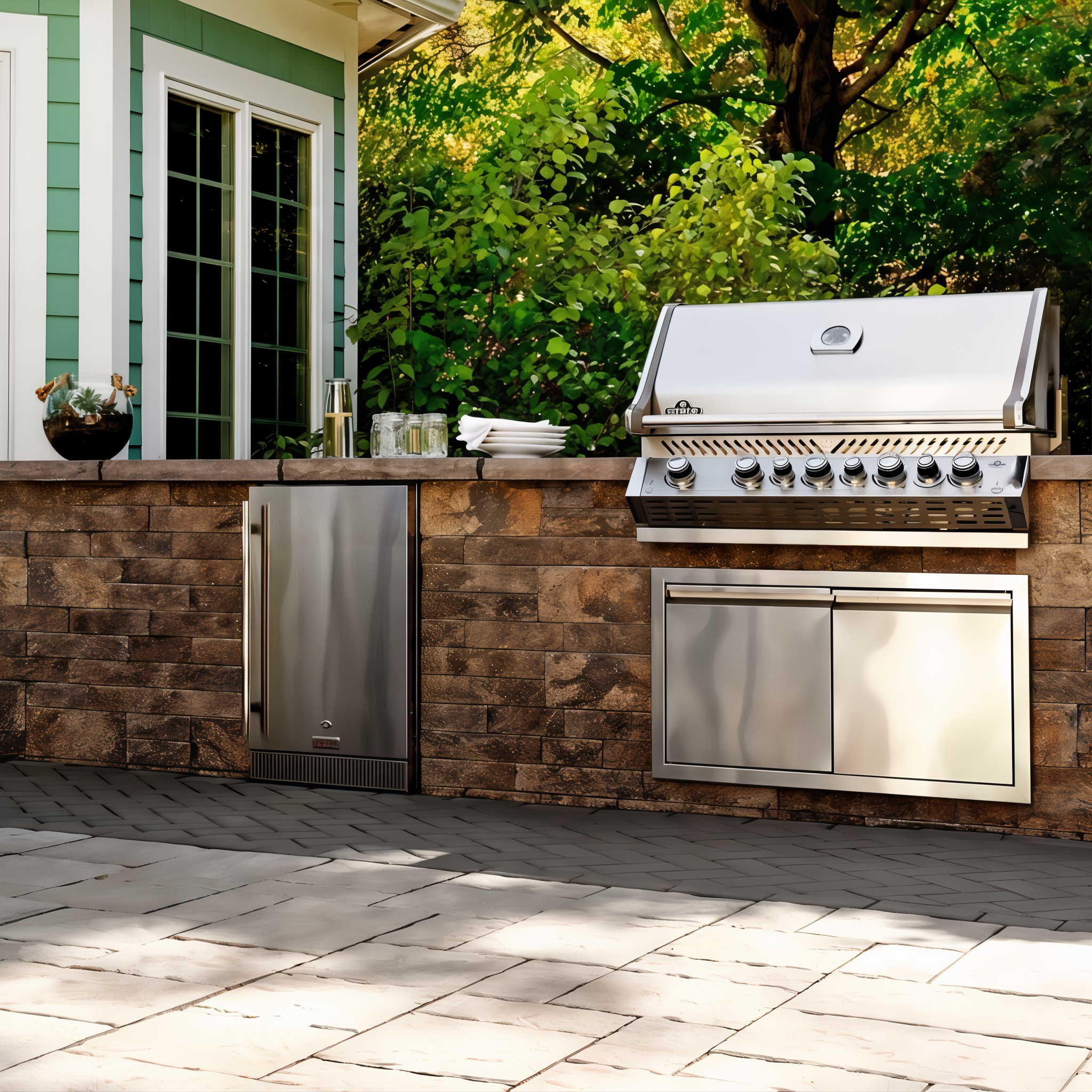 Techo-Bloc Mini-Creta Architectural Wall Chestnut Brown wall and pillar in a landscaped setting.