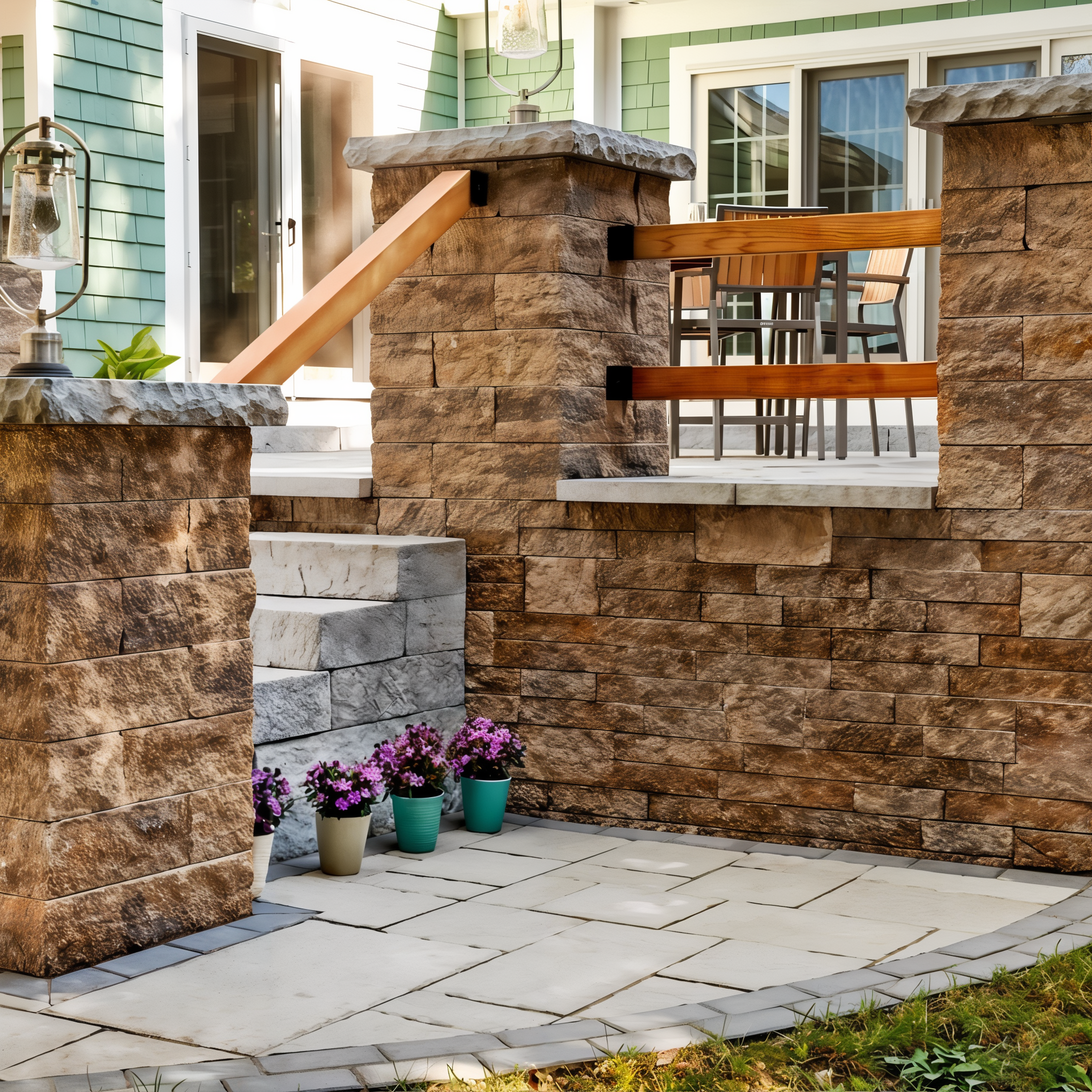 Techo-Bloc Mini-Creta Architectural Wall Chestnut Brown seating wall accenting a backyard patio.