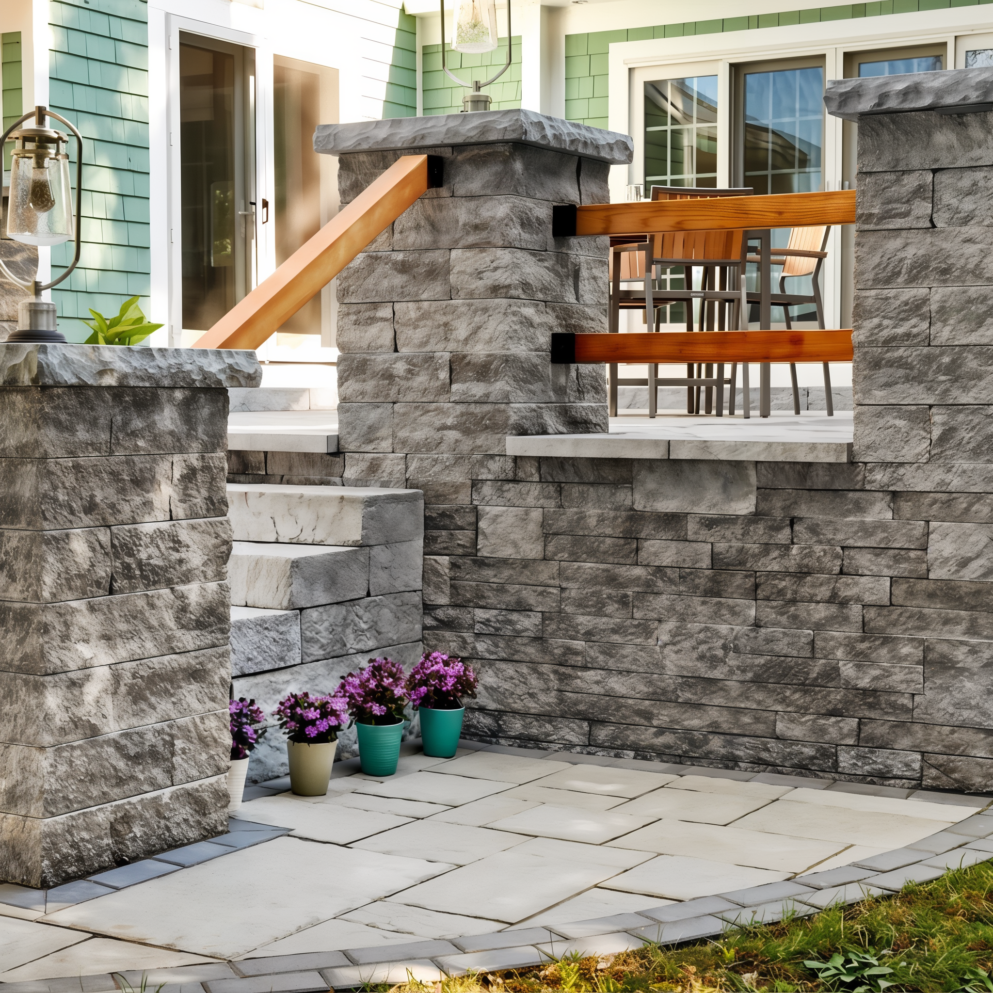 Techo-Bloc Mini-Creta Architectural Wall Shale Grey seating wall accenting a backyard patio.