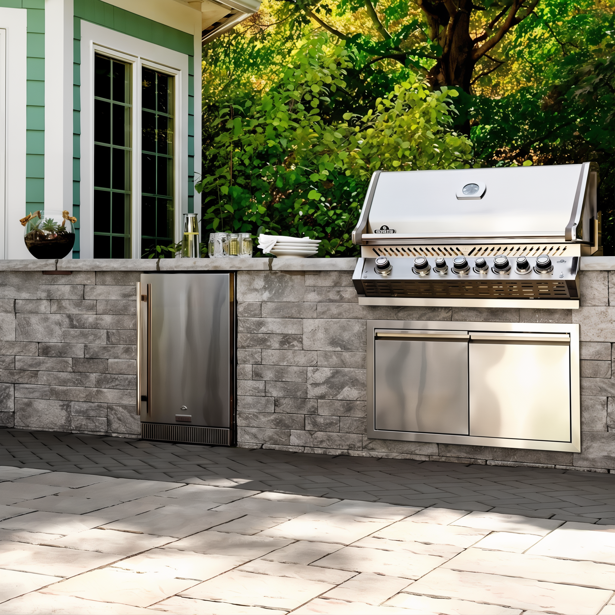 Techo-Bloc Mini-Creta Architectural Wall Champlain Grey wall and pillar in a landscaped setting.