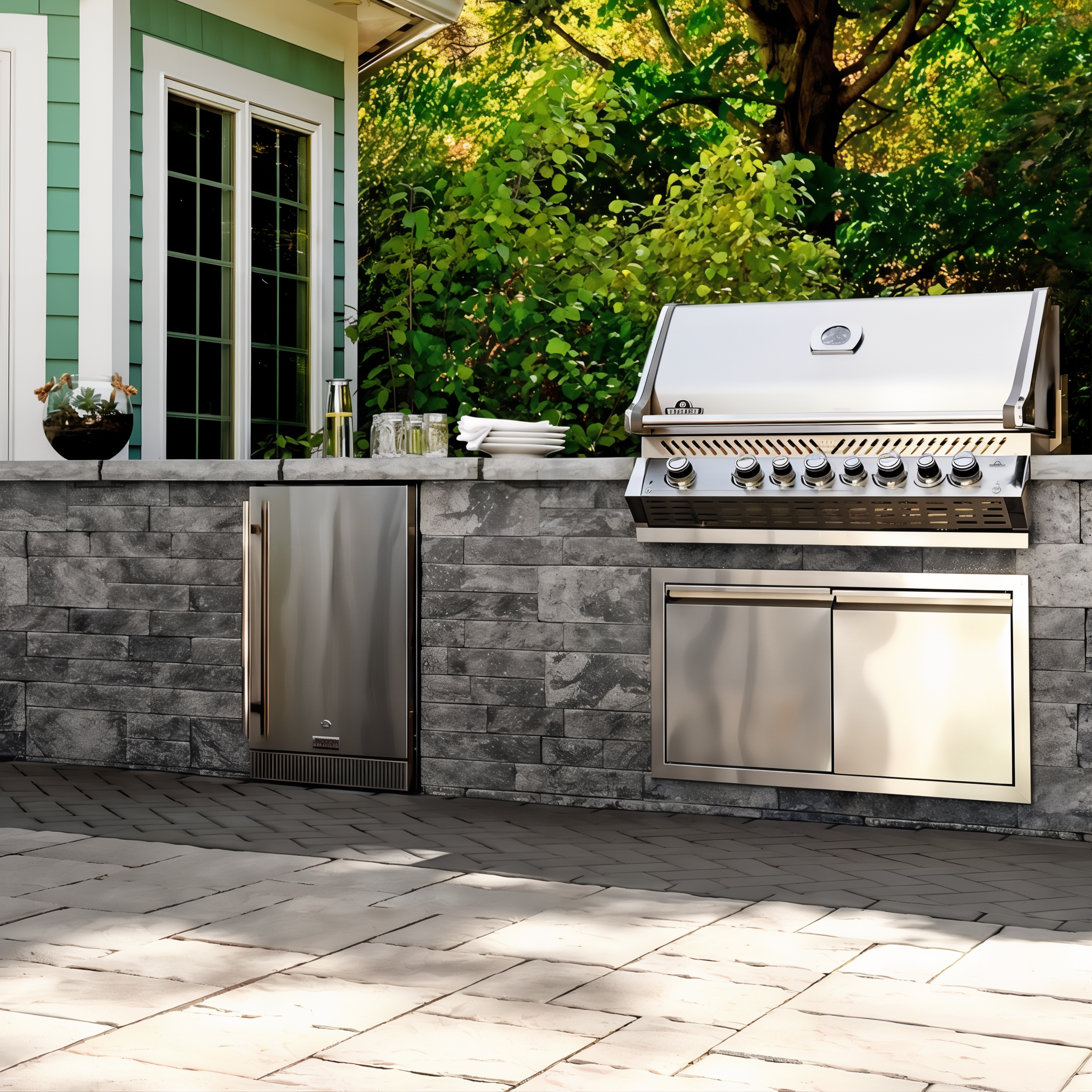 Techo-Bloc Mini-Creta Architectural Wall Greyed Nickel wall and pillar in a landscaped setting.