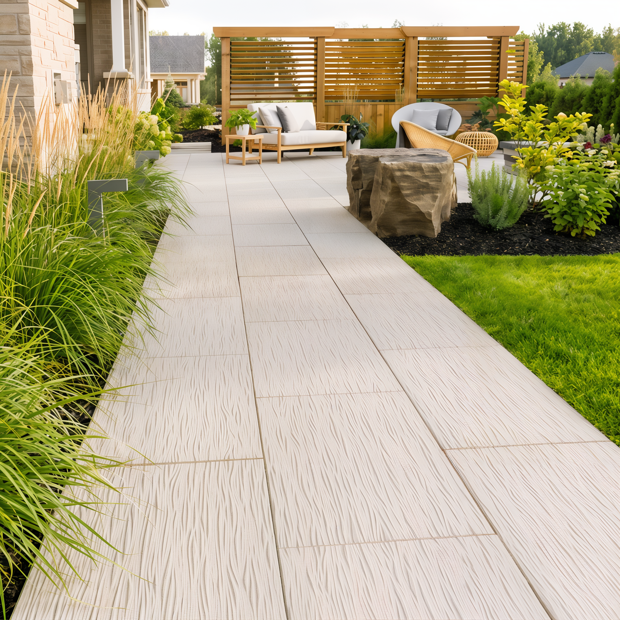 Ocean Grande paver slabs by Techo-Bloc create an outdoor patio in Beige Cream HD² Ocean Wave.