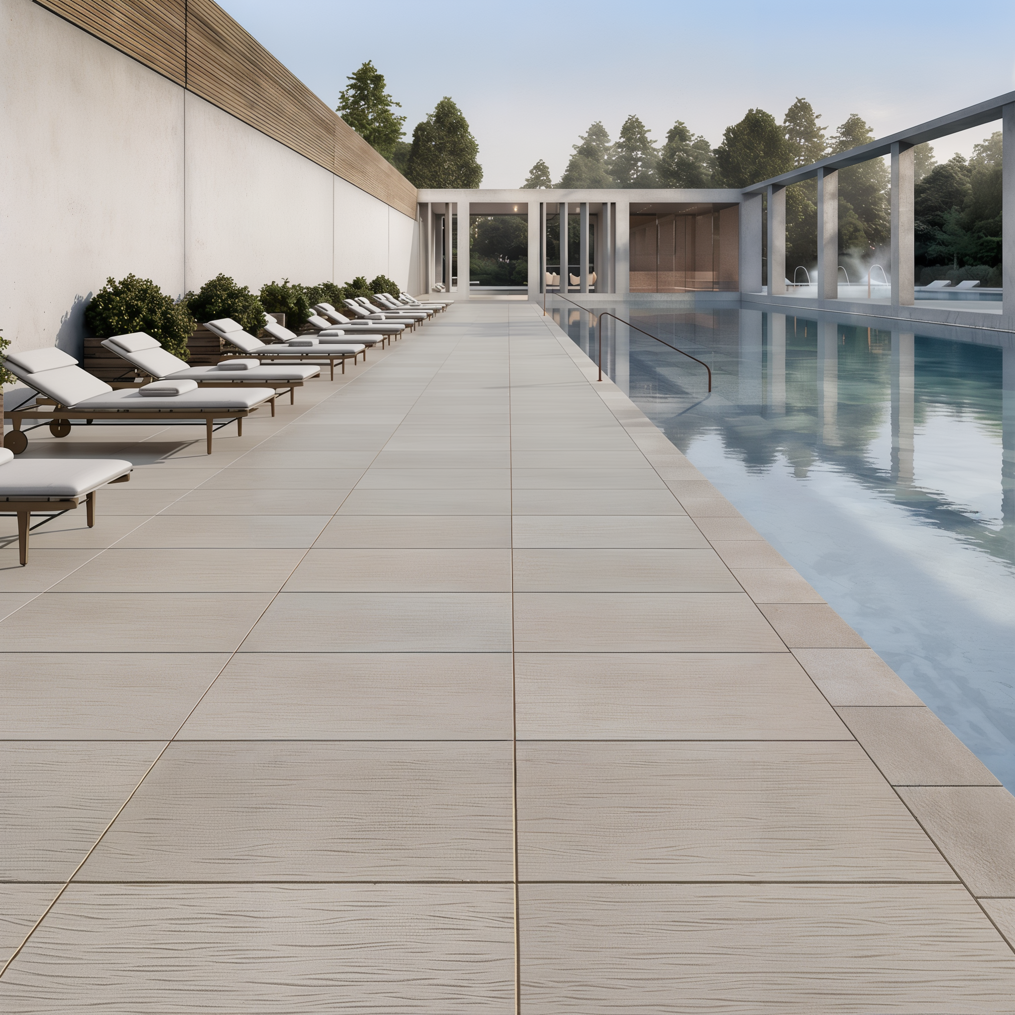 Ocean Grande slabs by Techo-Bloc creating a pool area in Greyed Nickel HD² Ocean Wave.