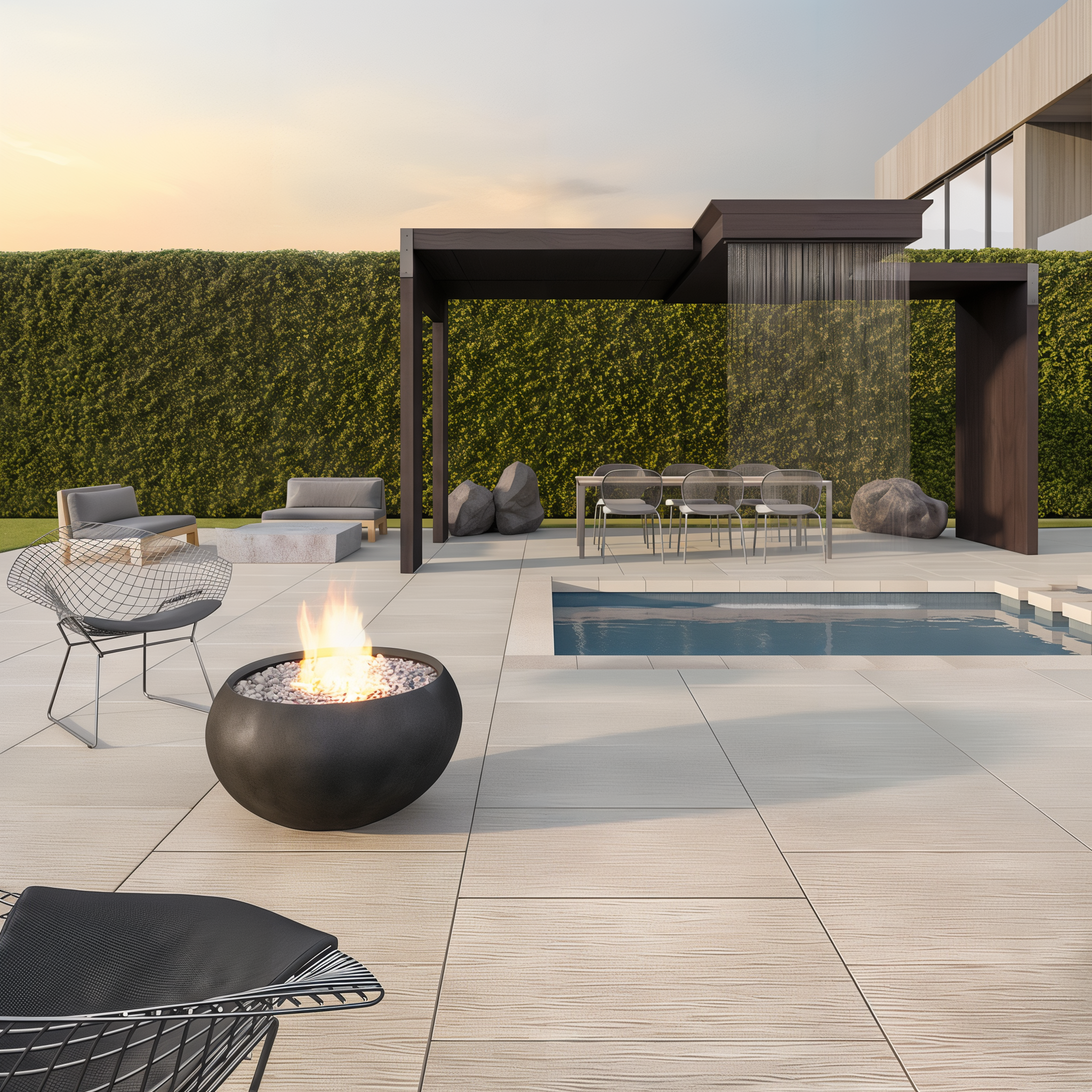 Ocean Grande Legacy Collection slabs in Greyed Nickel HD² Ocean Wave by Techo-Bloc in a pool area.