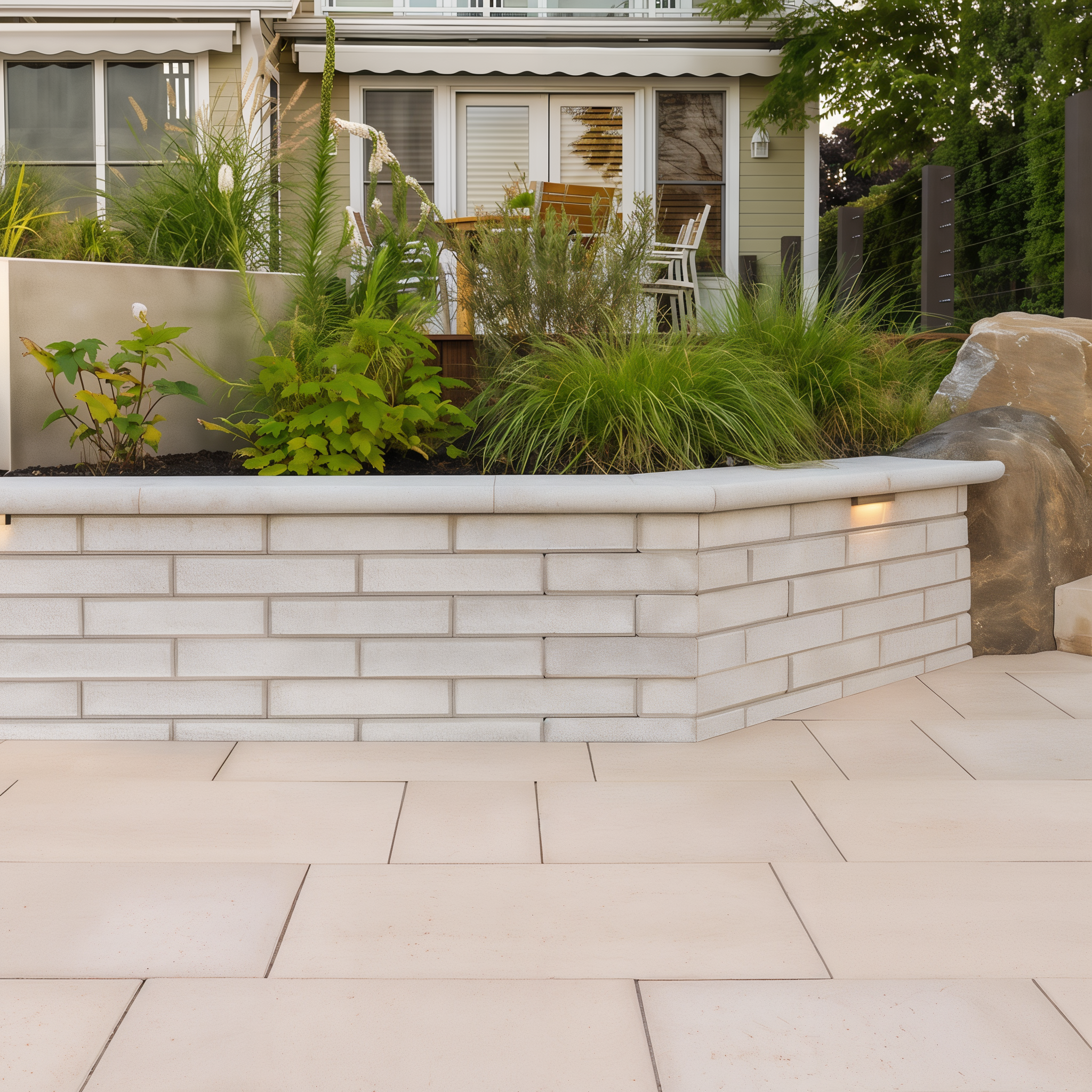 Raffinato Wall blocks forming a retaining wall in polished greyed nickel, 90mm pillar/corner/edge.
