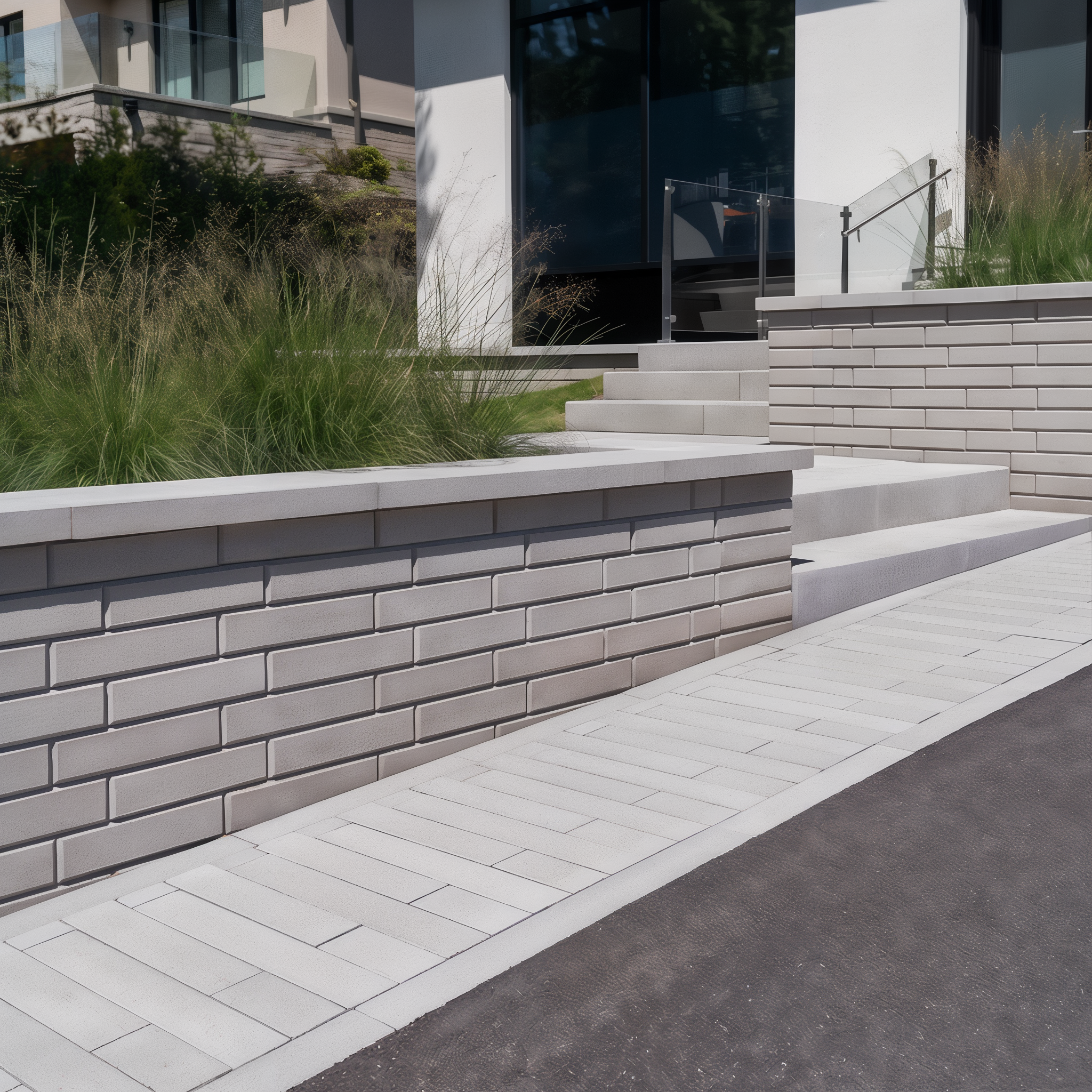 Raffinato wall by Techo-Bloc in the color Shale Grey along a walkway, providing a refined and cohesive boundary for the path. #Shale Grey / Smooth#180 Mm Wall