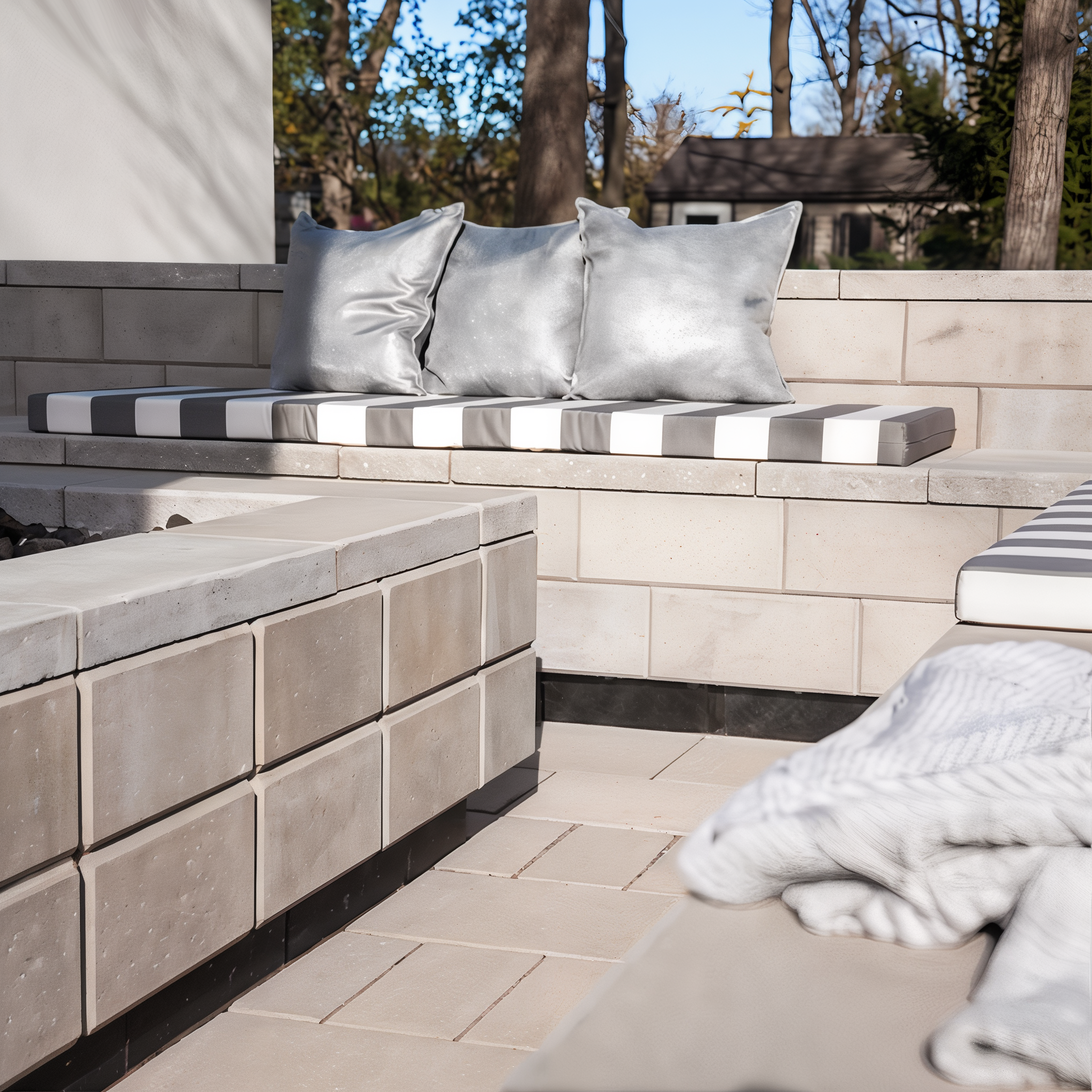 Raffinato wall by Techo-Bloc in the color beige cream on a patio, providing a smooth and cohesive backdrop for outdoor living.