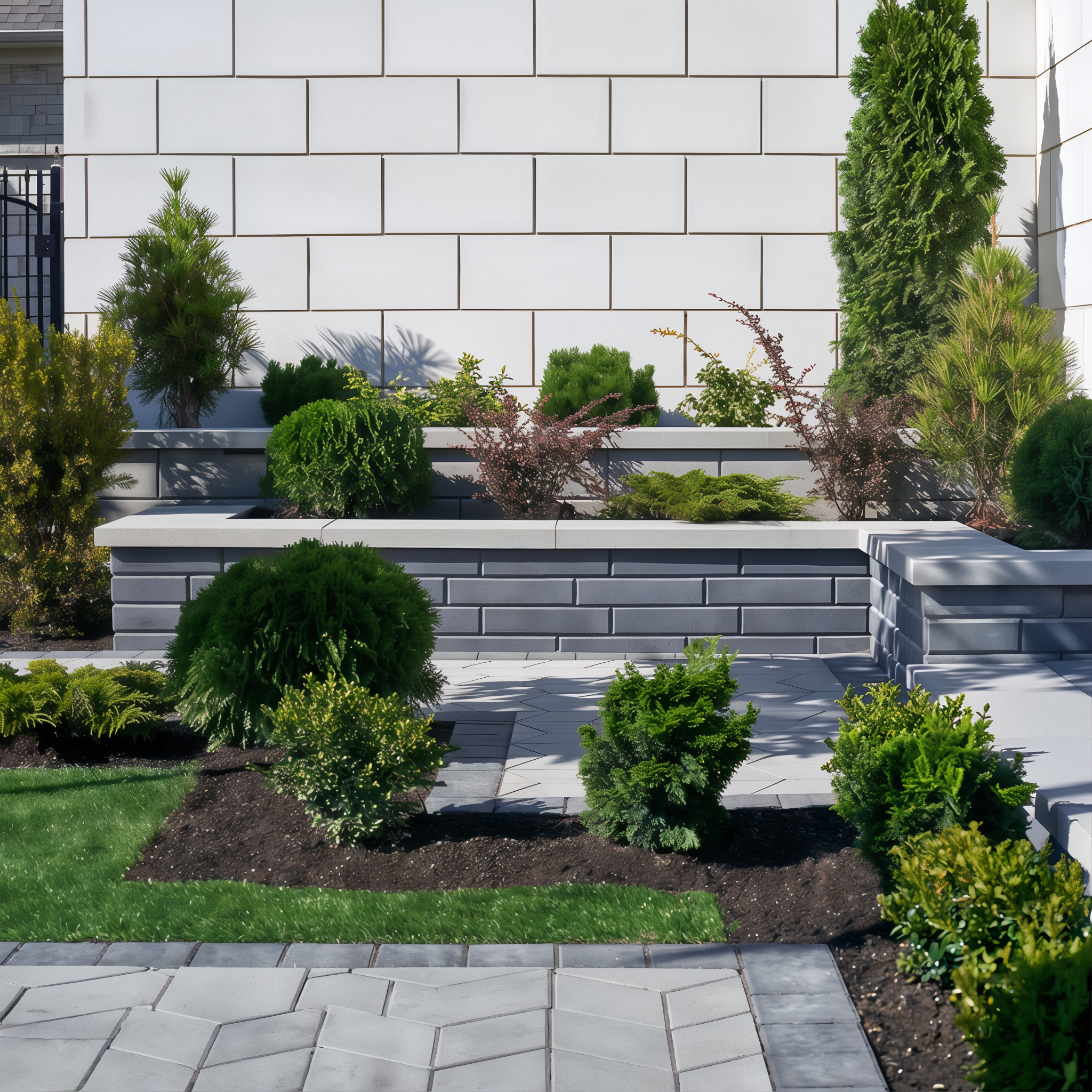 Raffinato wall by Techo-Bloc in the color Shale Grey along a walkway, providing a refined and cohesive boundary for the path.