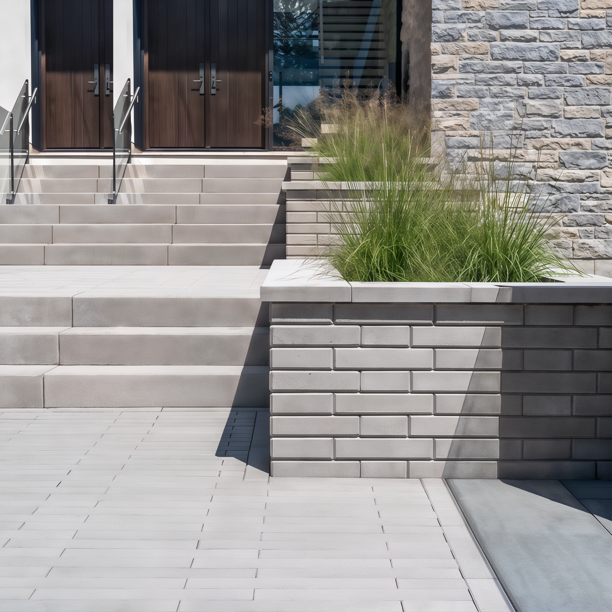 Raffinato wall by Techo-Bloc in the color greyed nickel along a walkway, providing a refined and cohesive boundary for the path.