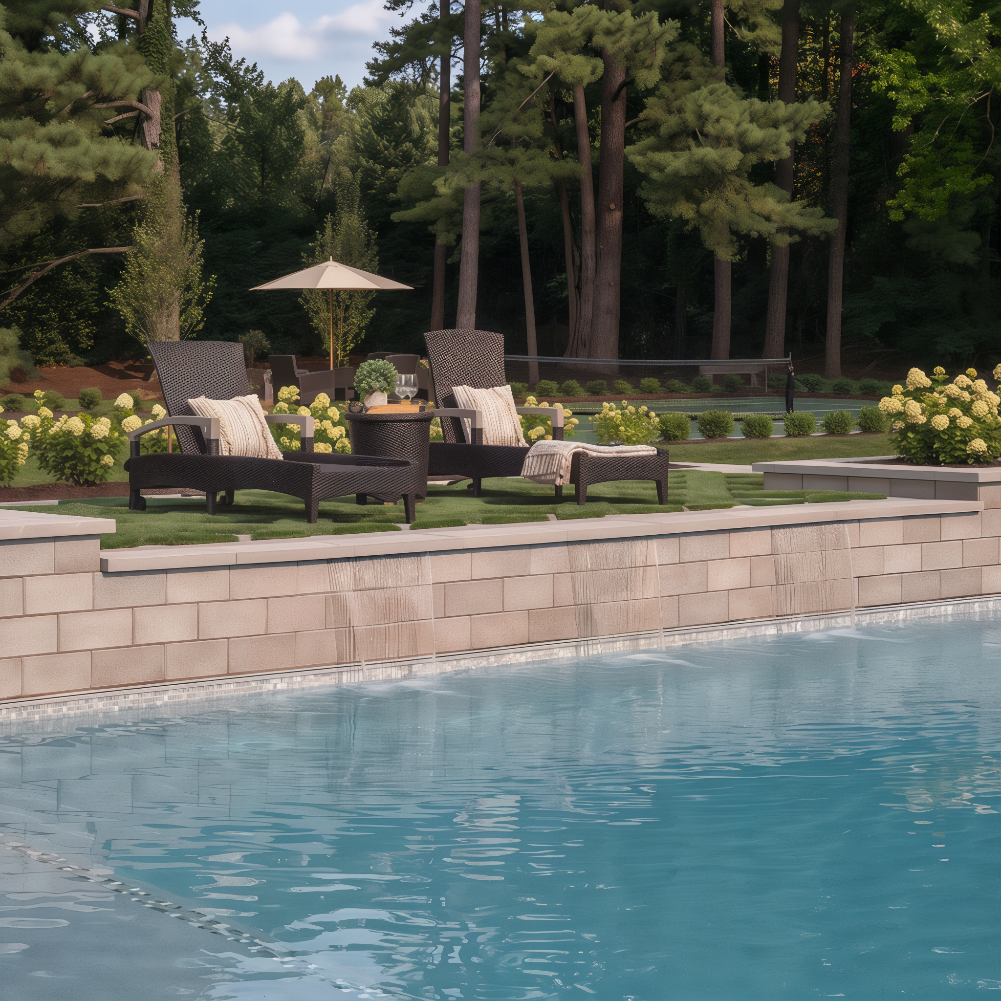 Raffinato wall by Techo-Bloc in the color Caffe Crema on a patio by the pool, providing a refined and inviting backdrop for poolside relaxation. #Caffè Crema / Smooth#90 Mm Wall