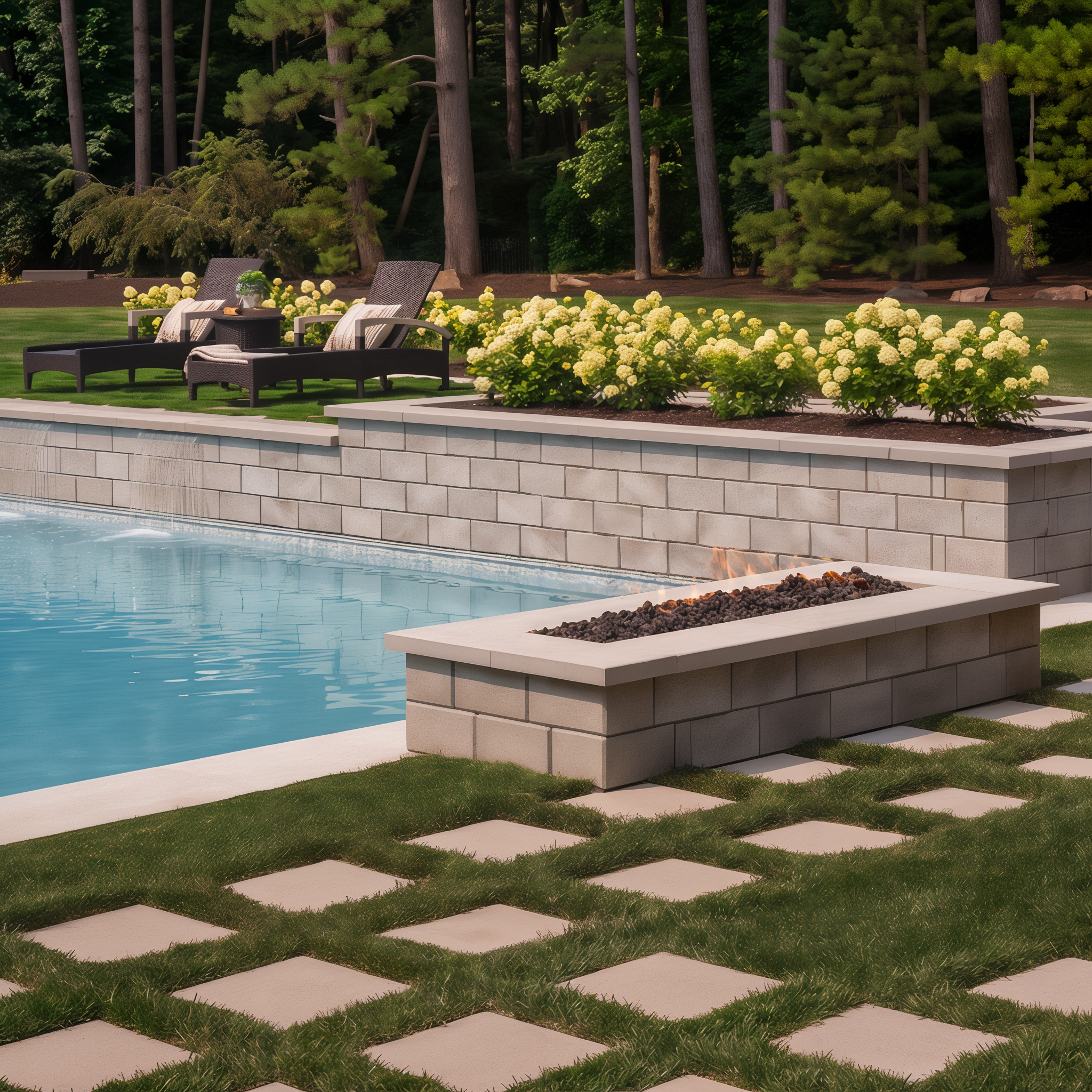 Retaining Raffinato wall by Techo-Bloc in the color Beige Cream on a patio by the pool, providing a refined and inviting backdrop for poolside relaxation. blocks Raffinato Wall Smooth muret 2022 U S109 Carmel I N J K 06760 1