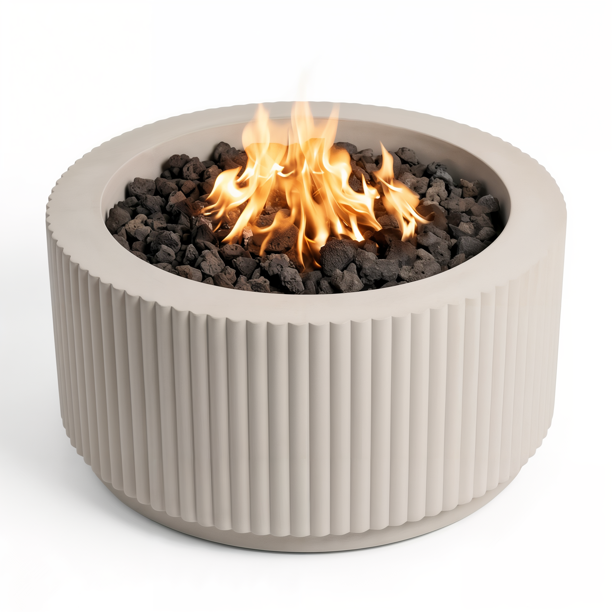 Close-up of Cool Grey Smooth Techo-Bloc Sculptura firepit with lava rocks. #Cool Grey / Smooth#Single Size
