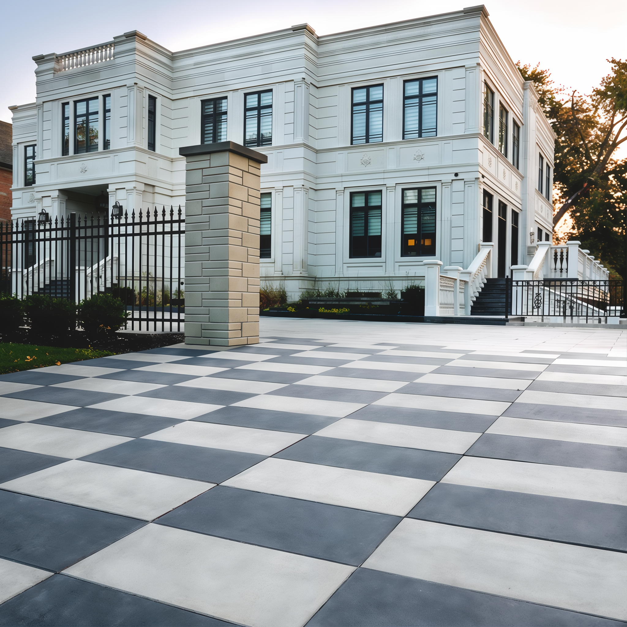 Striking entrance with Onyx Black Sleek HD² pavers, Onyx Black / Hd² Smooth Single Size, checkerboard layout