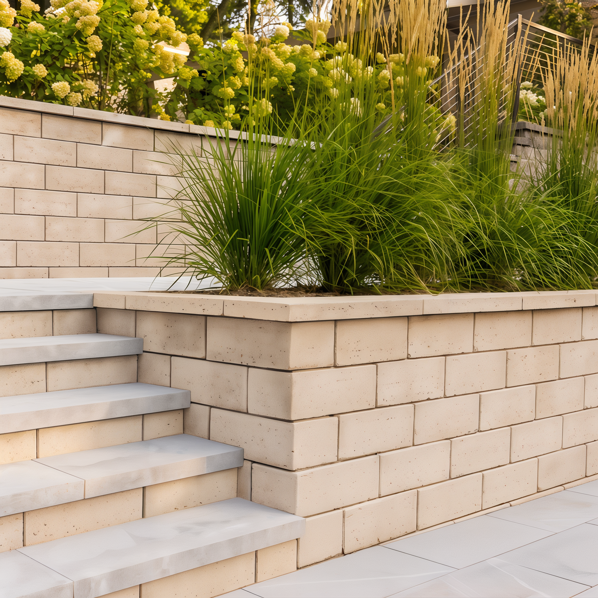 Travertina Raw Wall in Beige Cream used as walkway edging, Ivory Brushed Travertine corner and pillar #Ivory / Brushed Travertine#Corner & Pillar