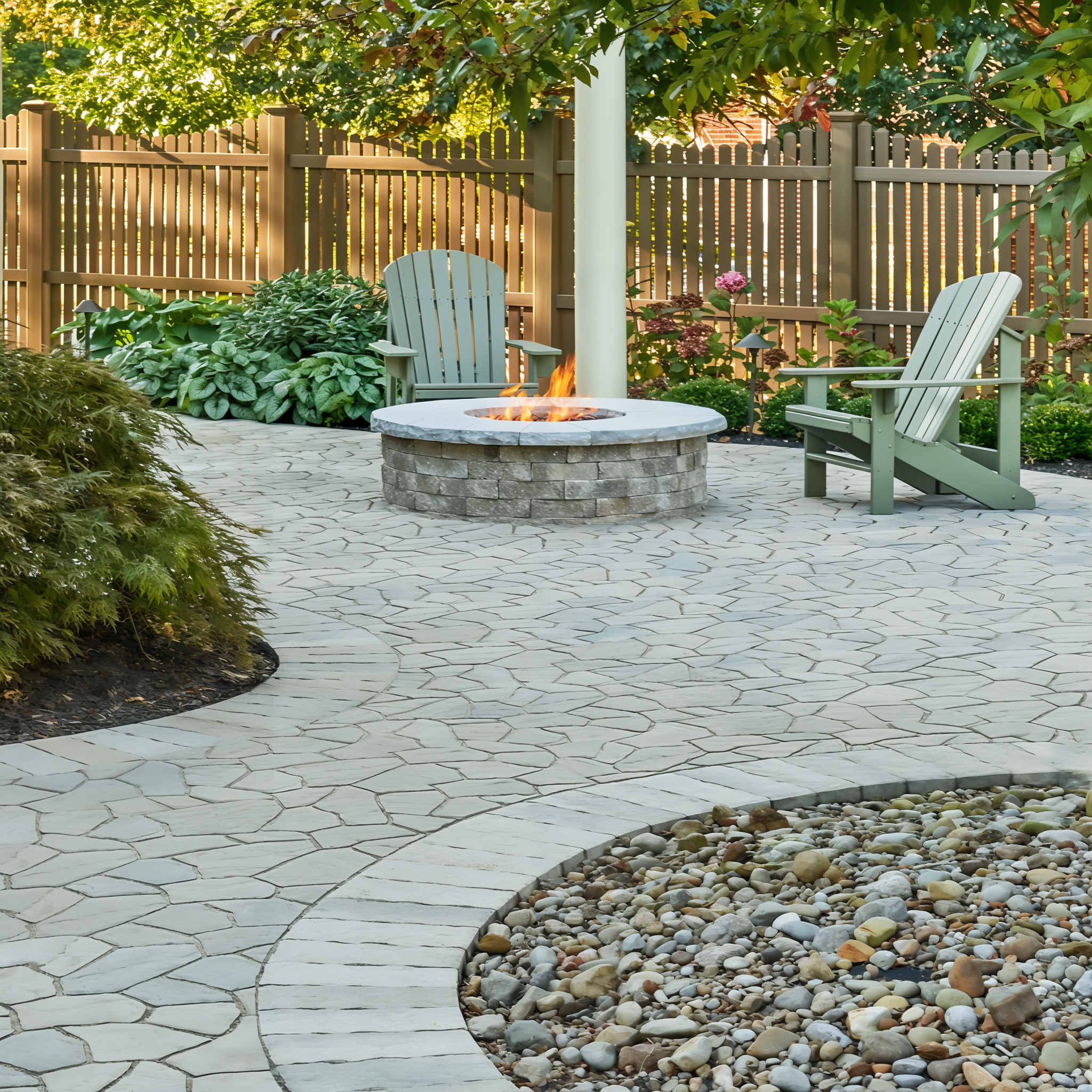 Valencia Fire Pit in Champlain Grey with natural stone layout and garden seating.
