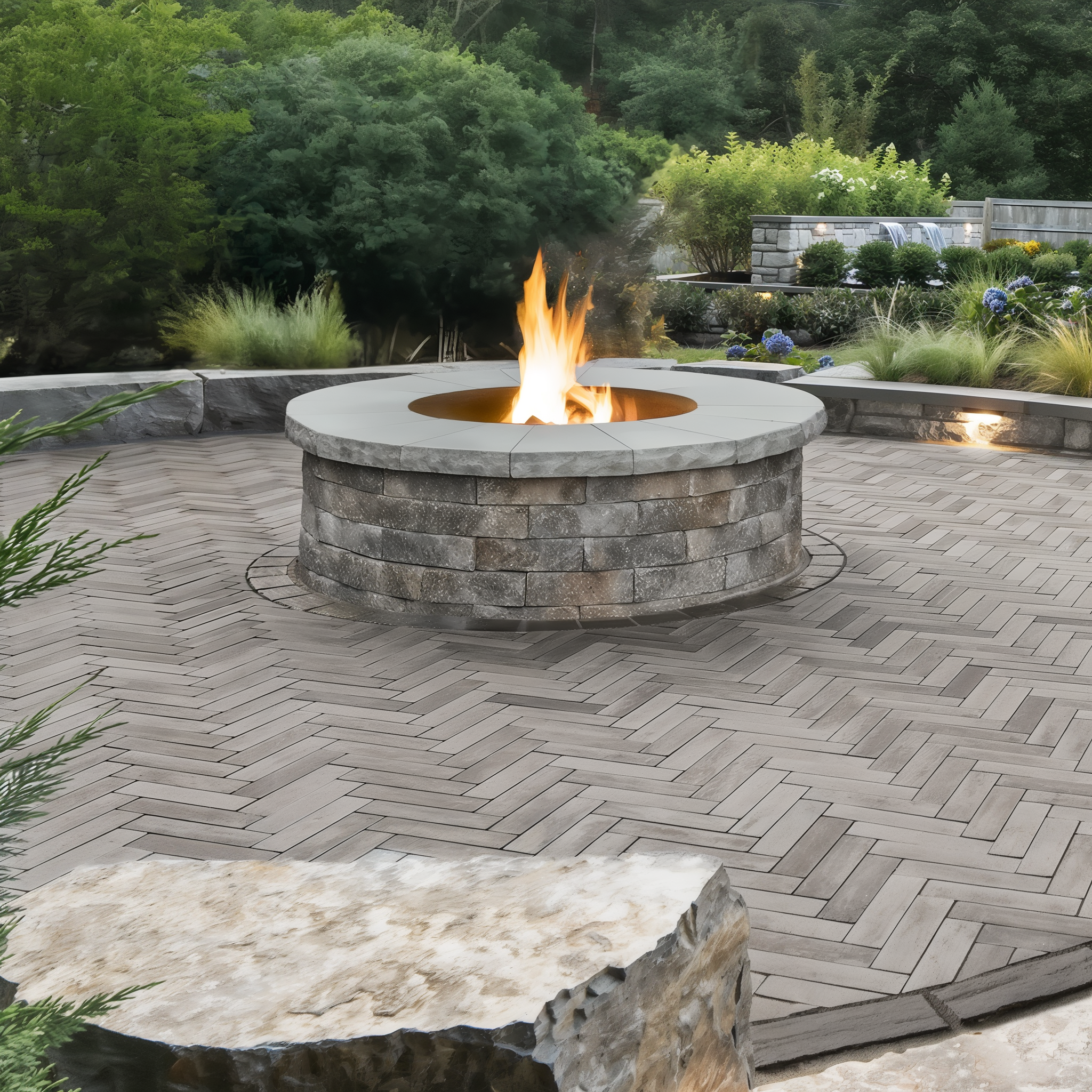 Valencia Fire Pit in Champlain Grey on a herringbone paver patio.