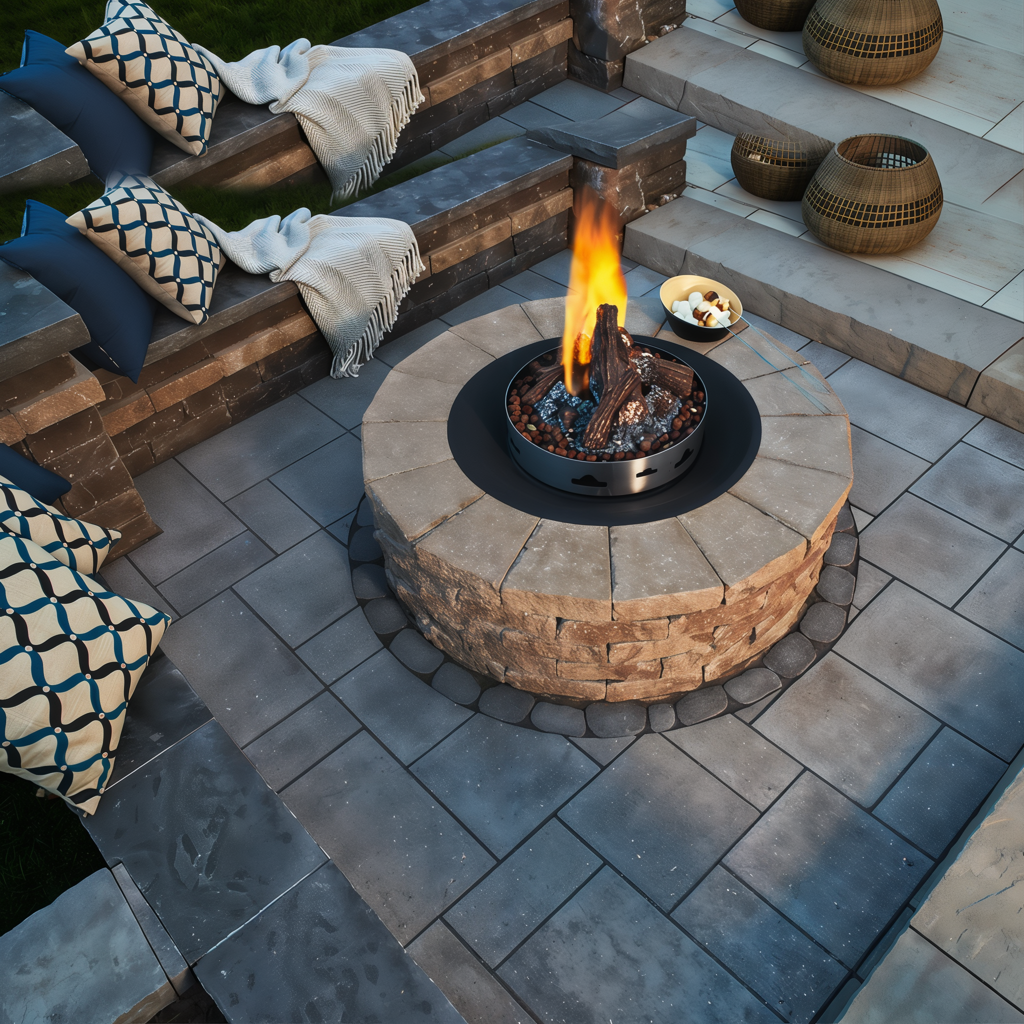 Valencia Fire Pit in Chestnut Brown on patio, Shale Grey Split Aged Single Size