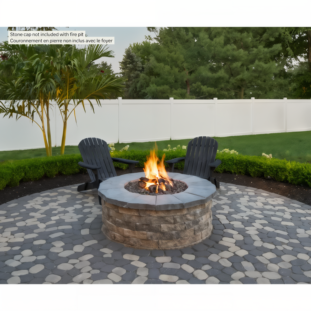 Valencia Fire Pit by Techo-Bloc in Chestnut Brown on a patio of circular pavers.