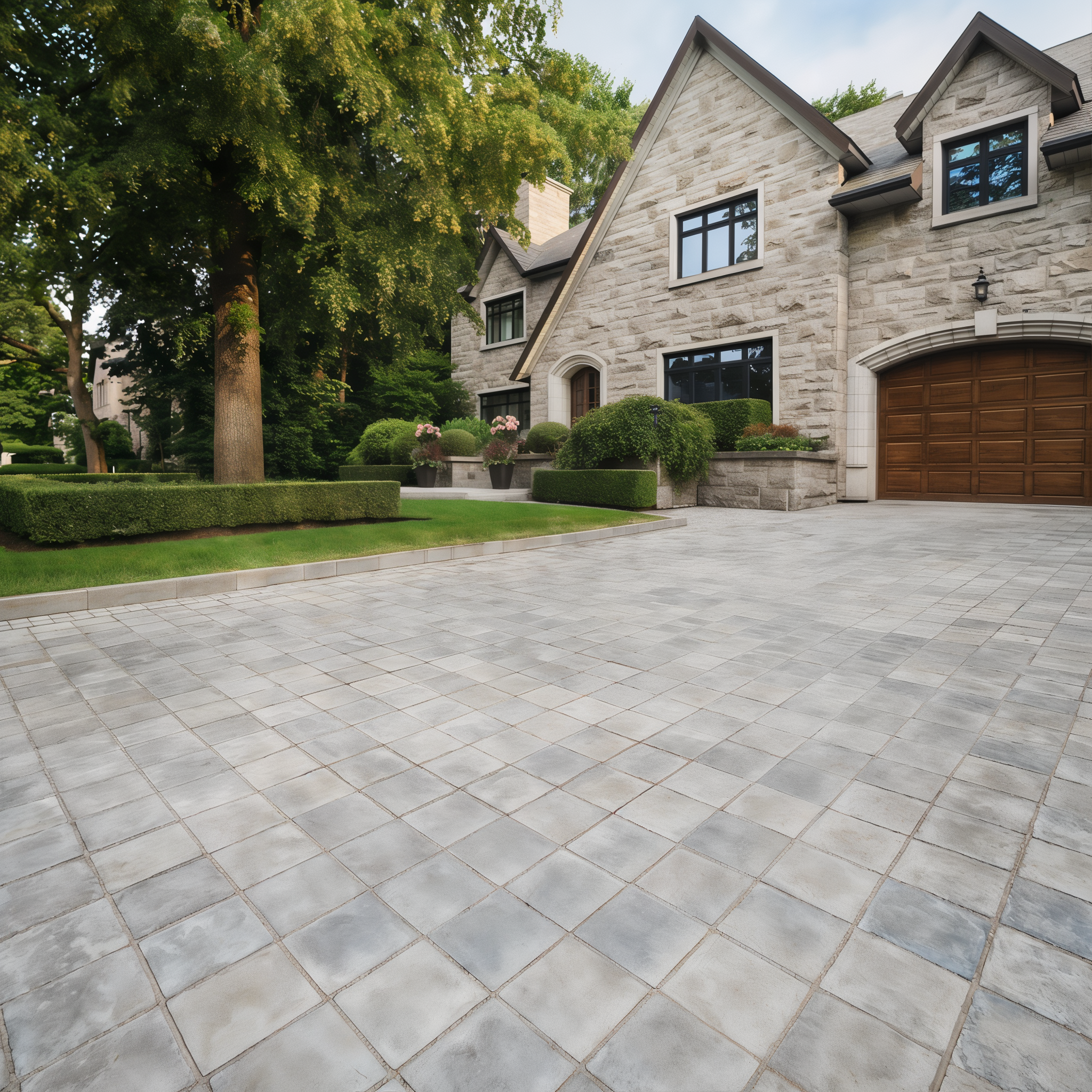 Diagonal grid driveway with Shale Grey Valet pavers; Chestnut Brown basalt.