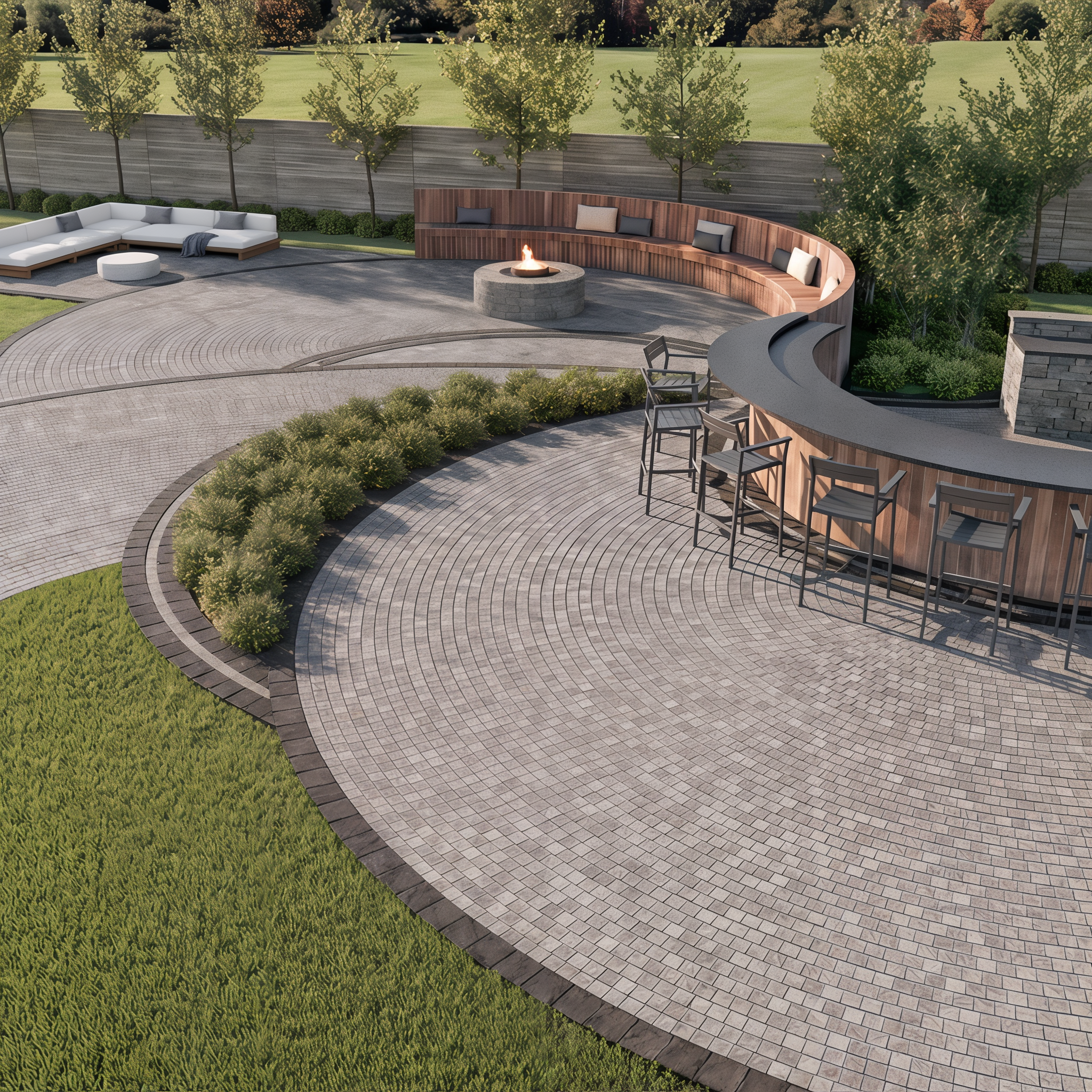 Champlain Grey Valet pavers with basalt around fire pit seating.