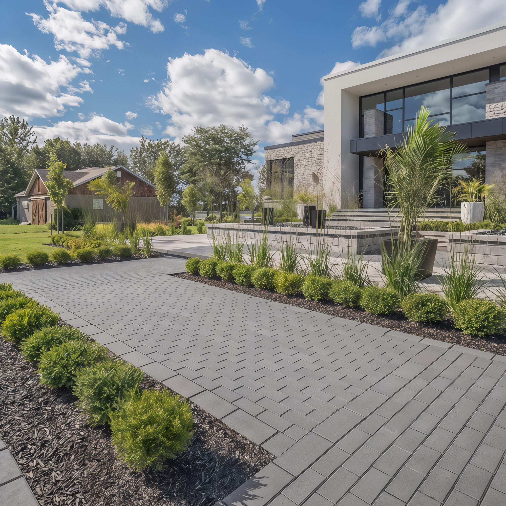 Techo-Bloc Victorien paver in Greyed Nickel, Onyx Black smooth single size walkway.