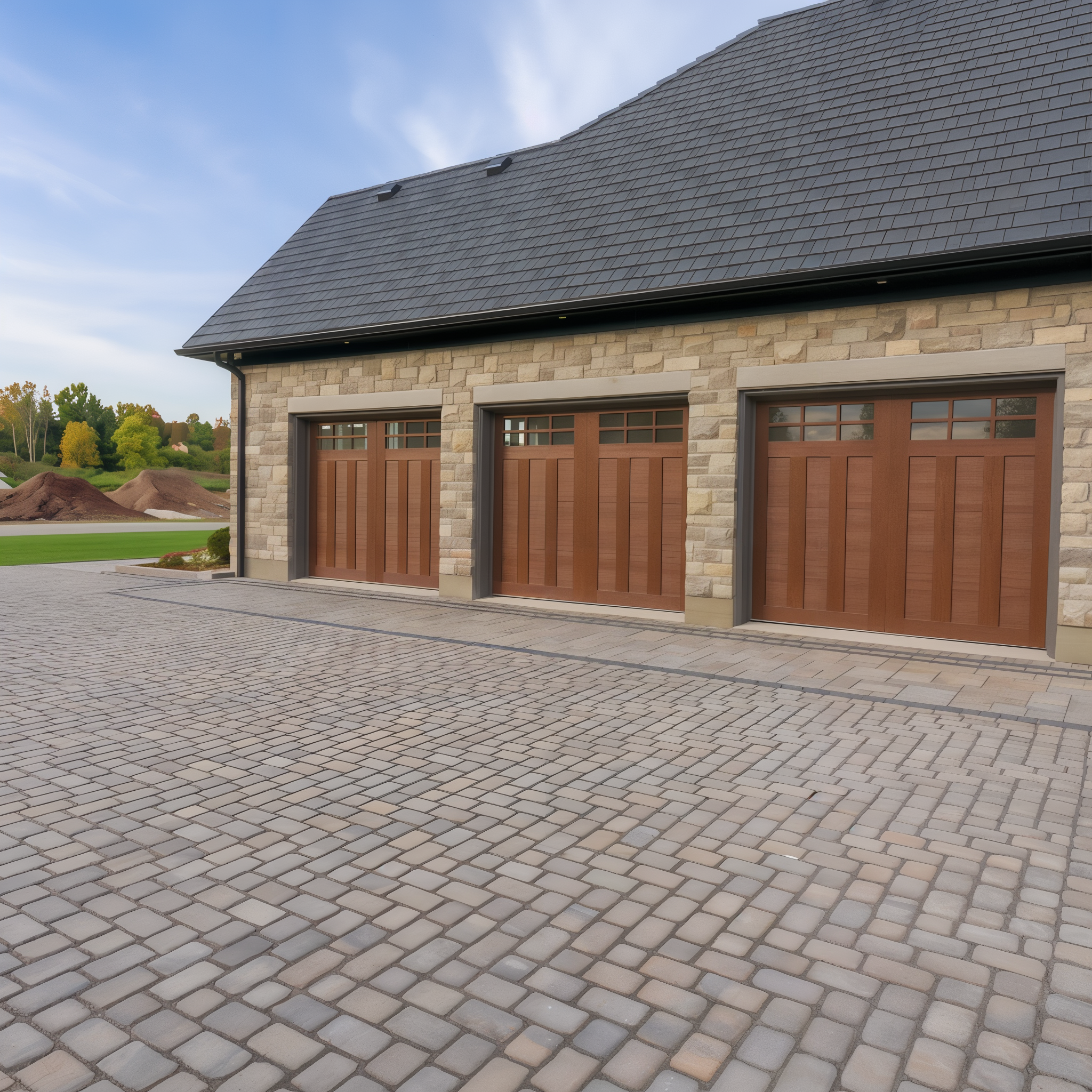 Driveway of Champlain Grey Villagio pavers leading to a garage (Onyx Black / Beveled/Permeable/Modular Size)