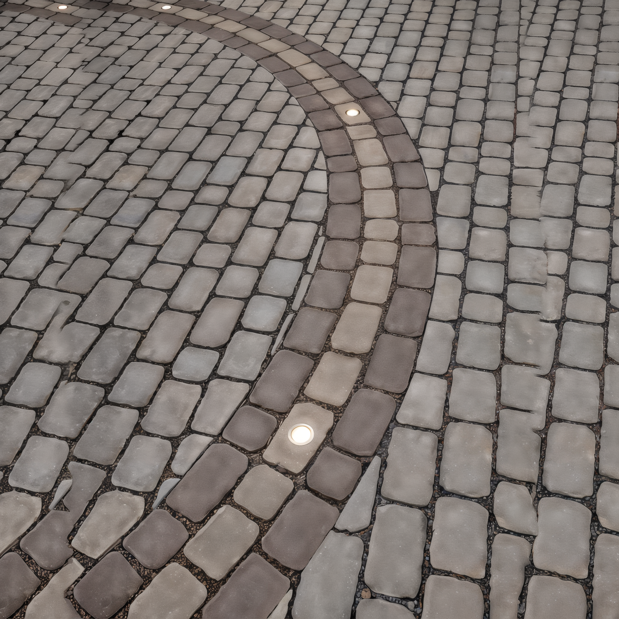 Curved band of Chestnut and Chocolate Brown Villagio pavers with lights (Chocolate Brown / Beveled/Permeable/Modular Size)