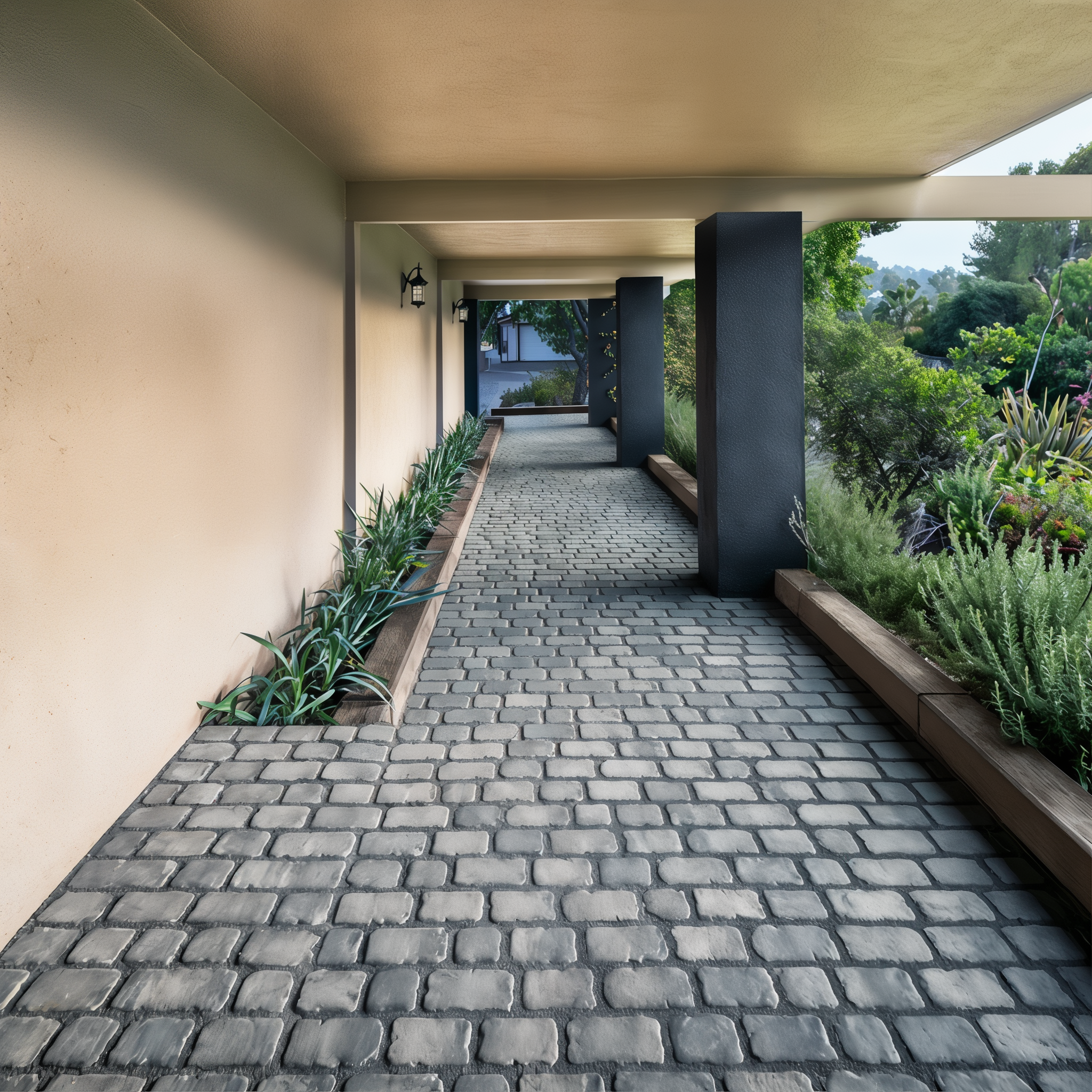 Villagio paver by Techo-Bloc in Shale Grey walkway with planters (Merlot / Beveled/Permeable/Modular Size)