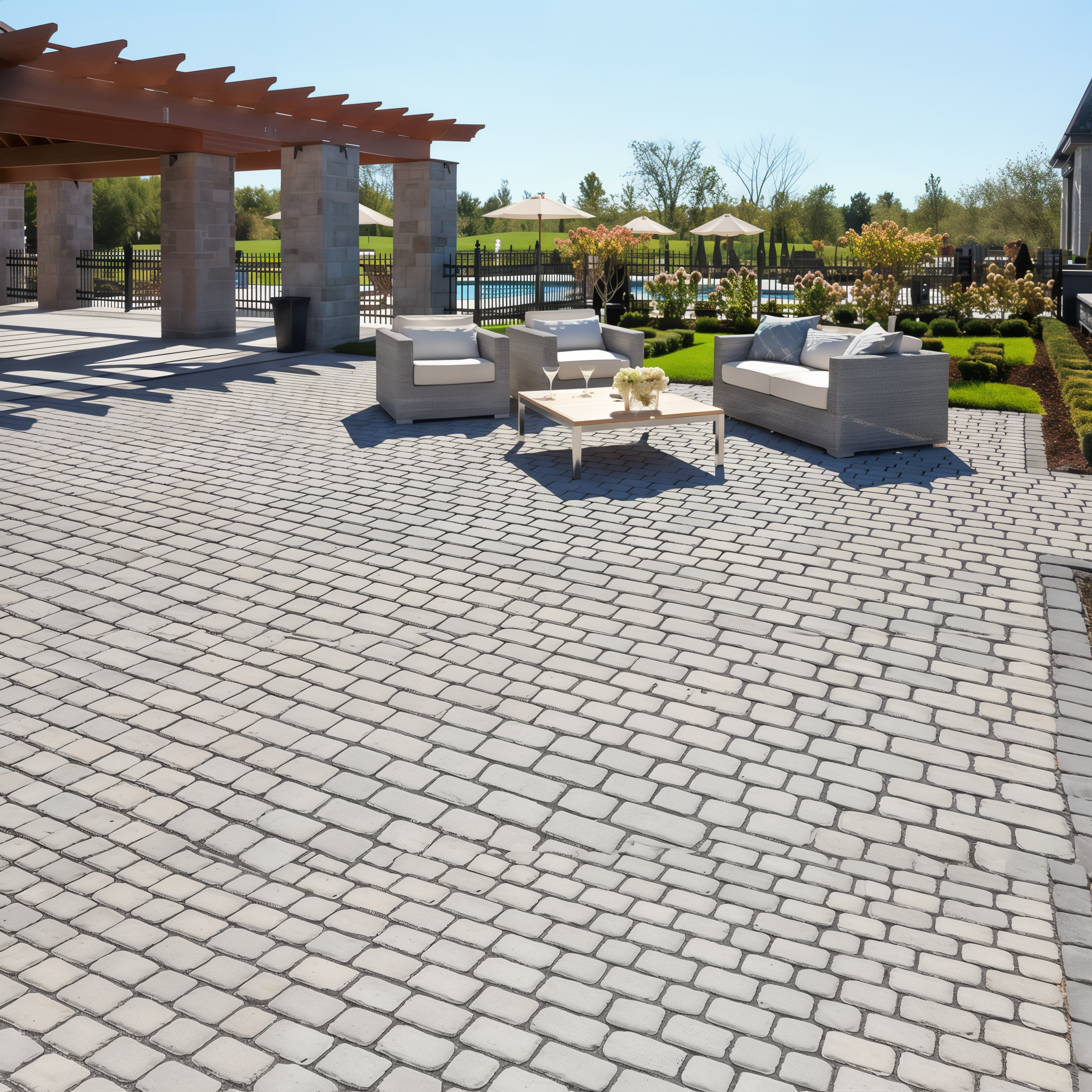 Patio with Shale Grey Villagio pavers around outdoor seating (Shale Grey / Beveled/Permeable/Modular Size)