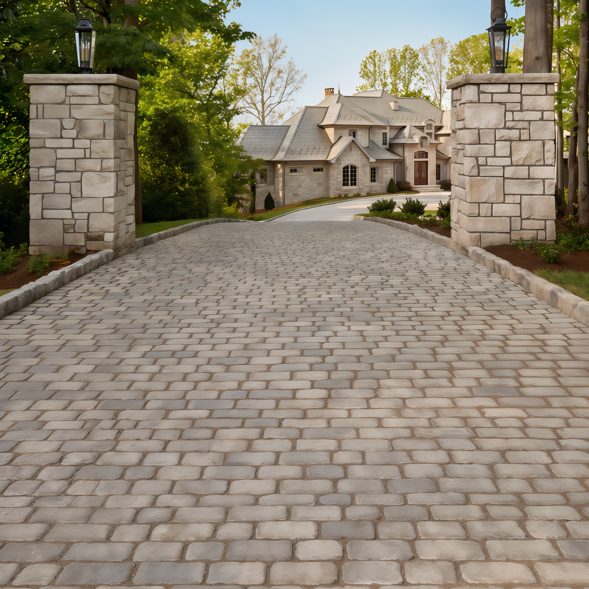 Cobblestone driveway using Champlain Grey Villagio stones (Onyx Black / Beveled/Permeable/Modular Size)