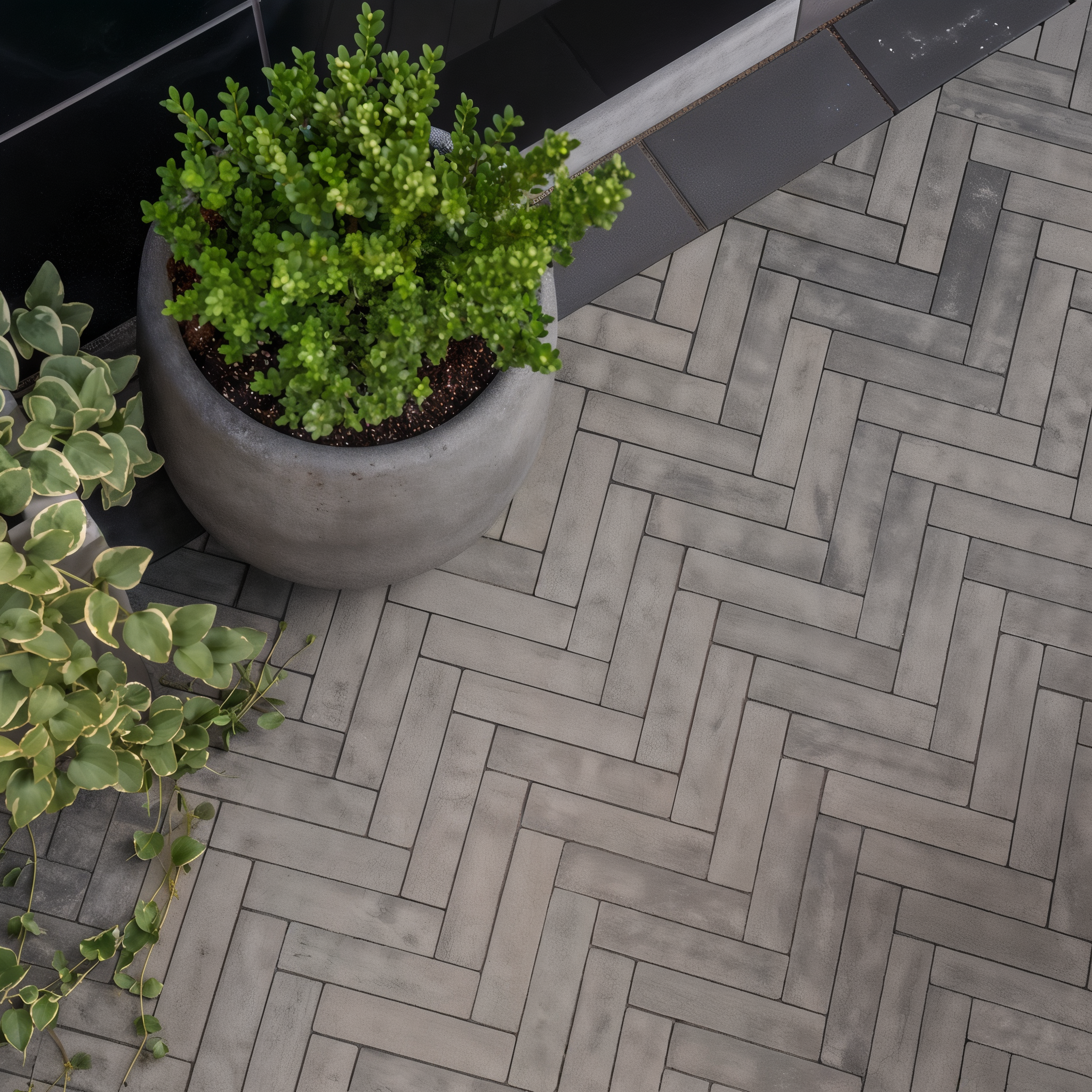 Westmount Shale Grey HD² Smooth paver herringbone pattern; Onyx Black Single Size.