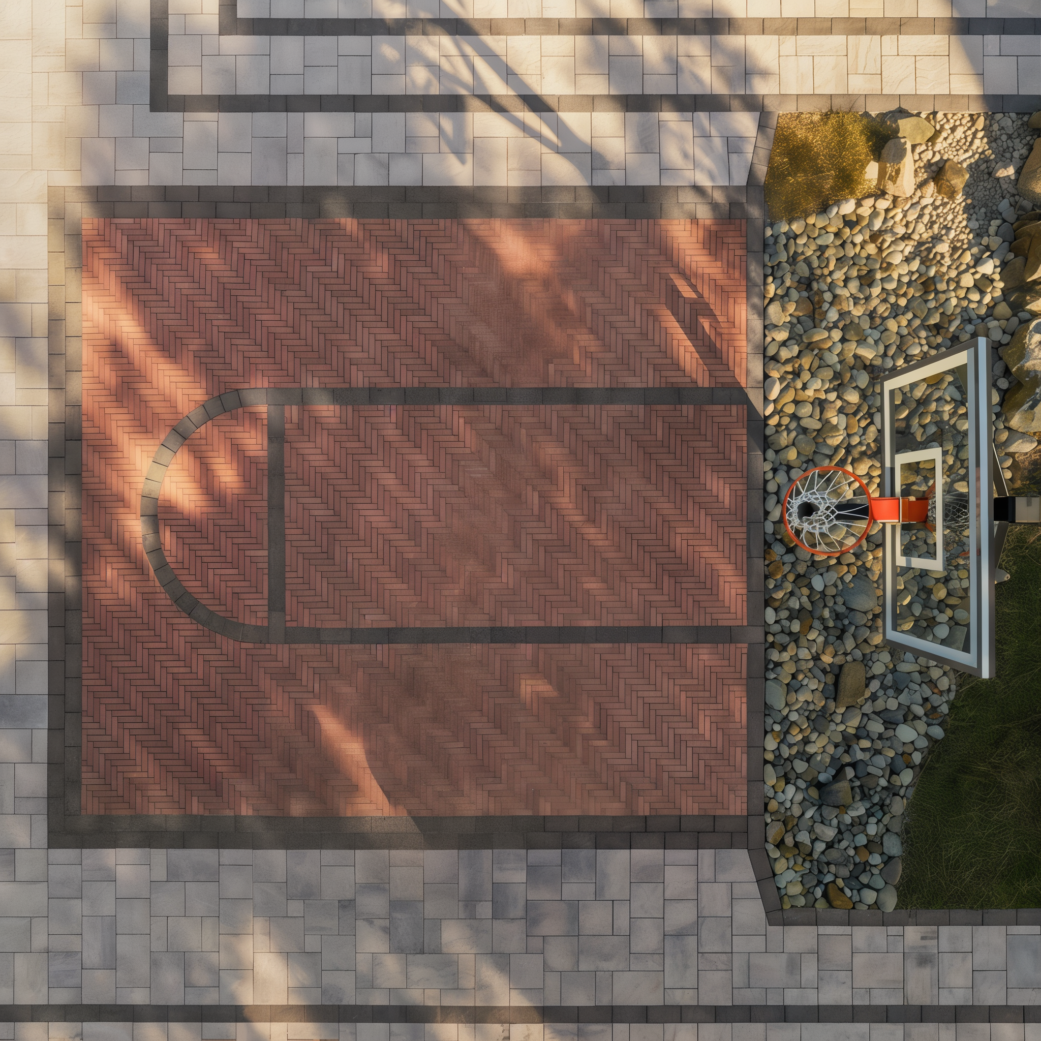 Westmount Merlot HD² pavers herringbone basketball court; Chestnut Brown Single Size.