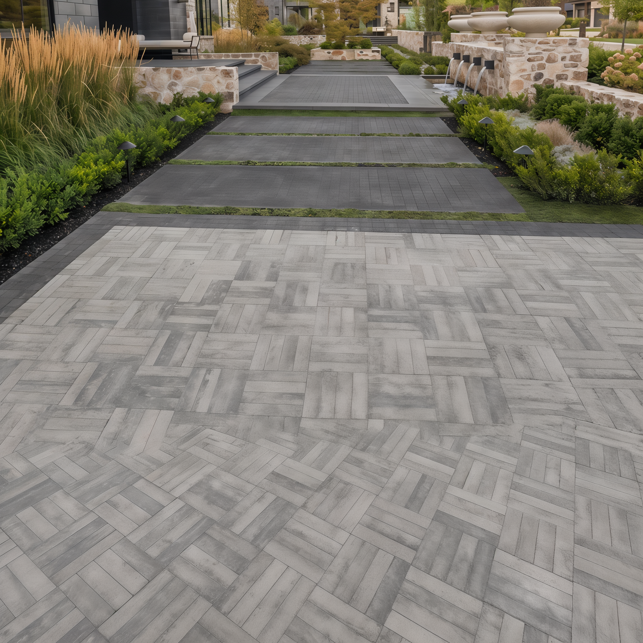Westmount Shale Grey HD² Smooth paver herringbone driveway; Onyx Black Single Size.
