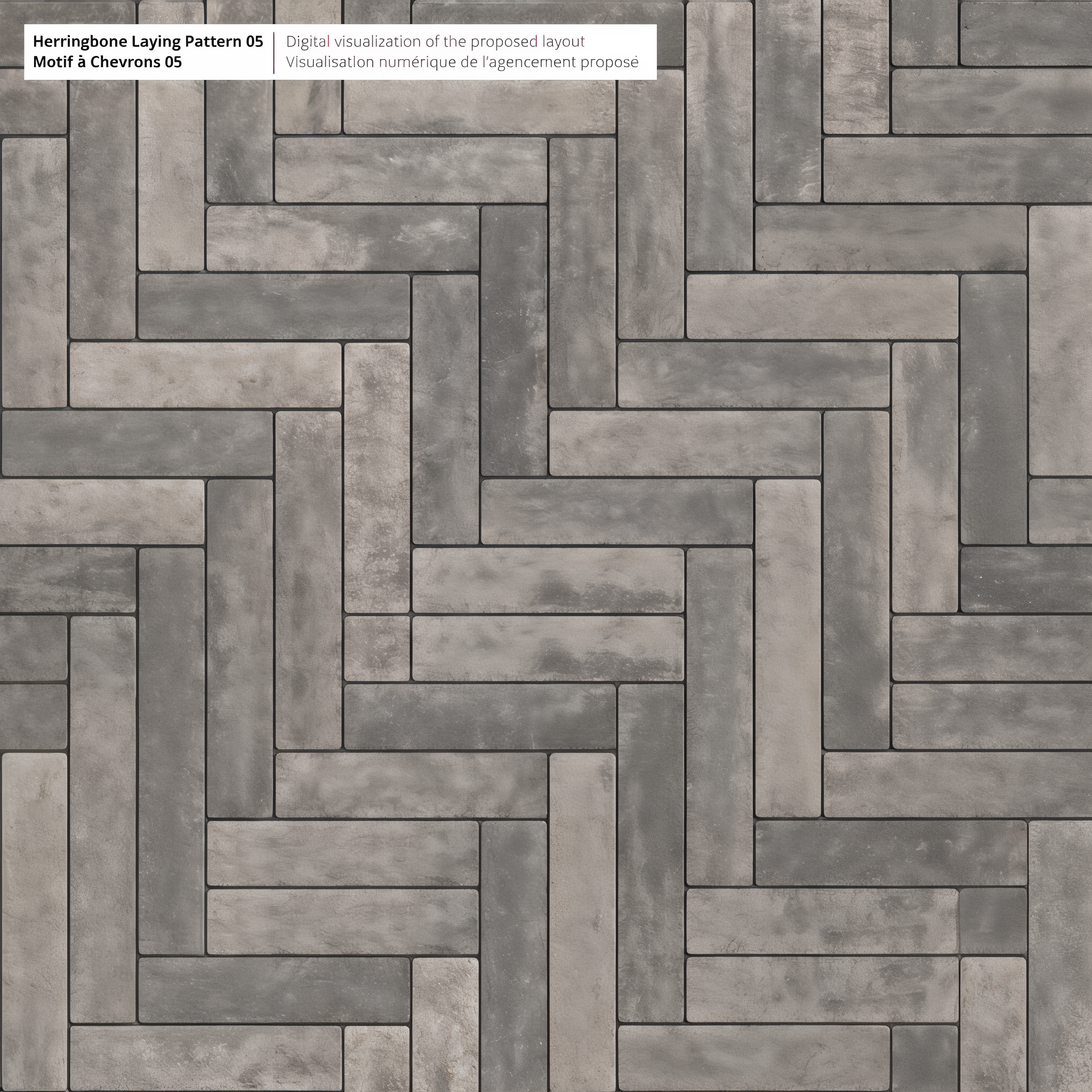 Westmount Shale Grey HD² paver Herringbone Pattern 05 walkway; Onyx Black Single Size.