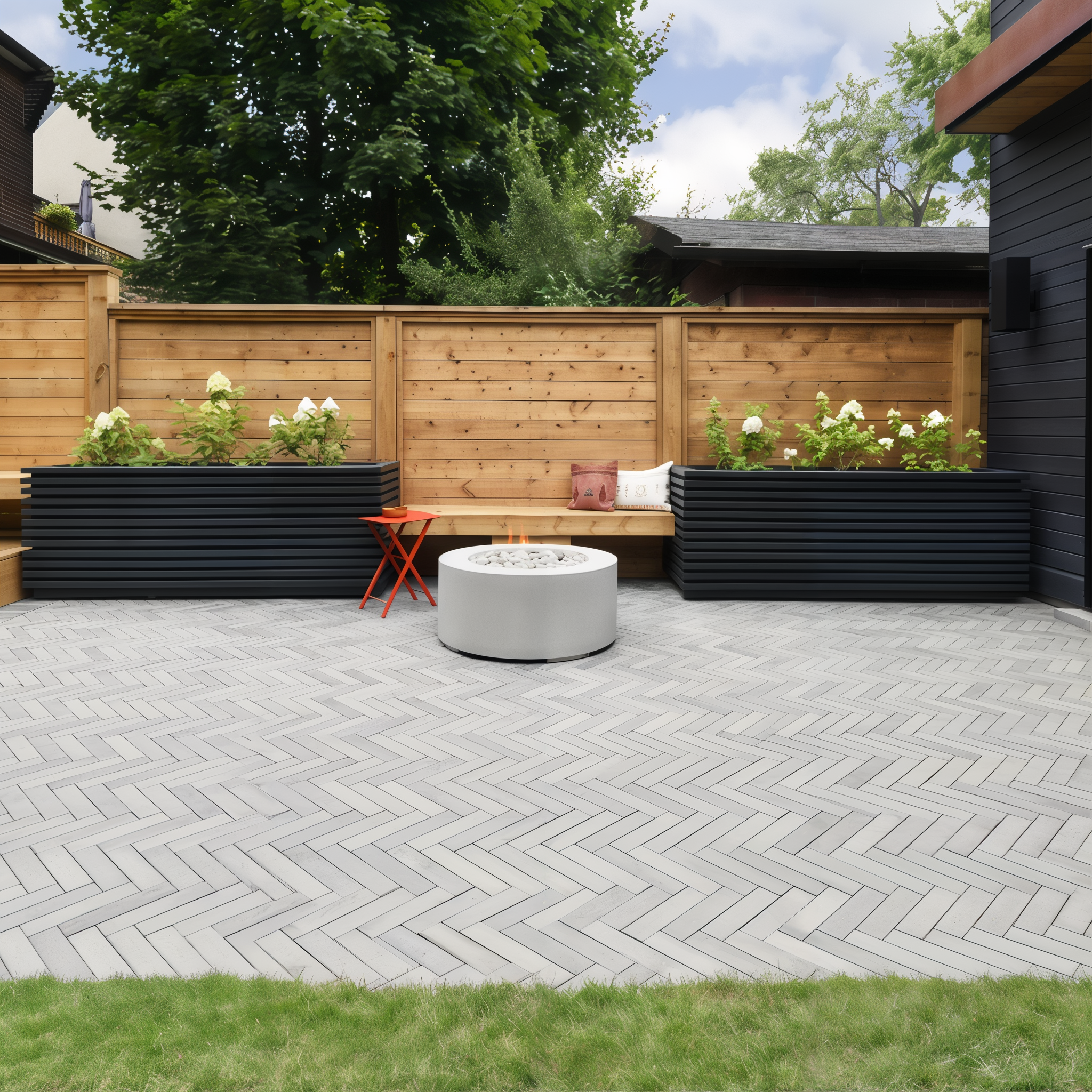 Westmount Shale Grey HD² Smooth paver herringbone patio; Onyx Black Single Size.