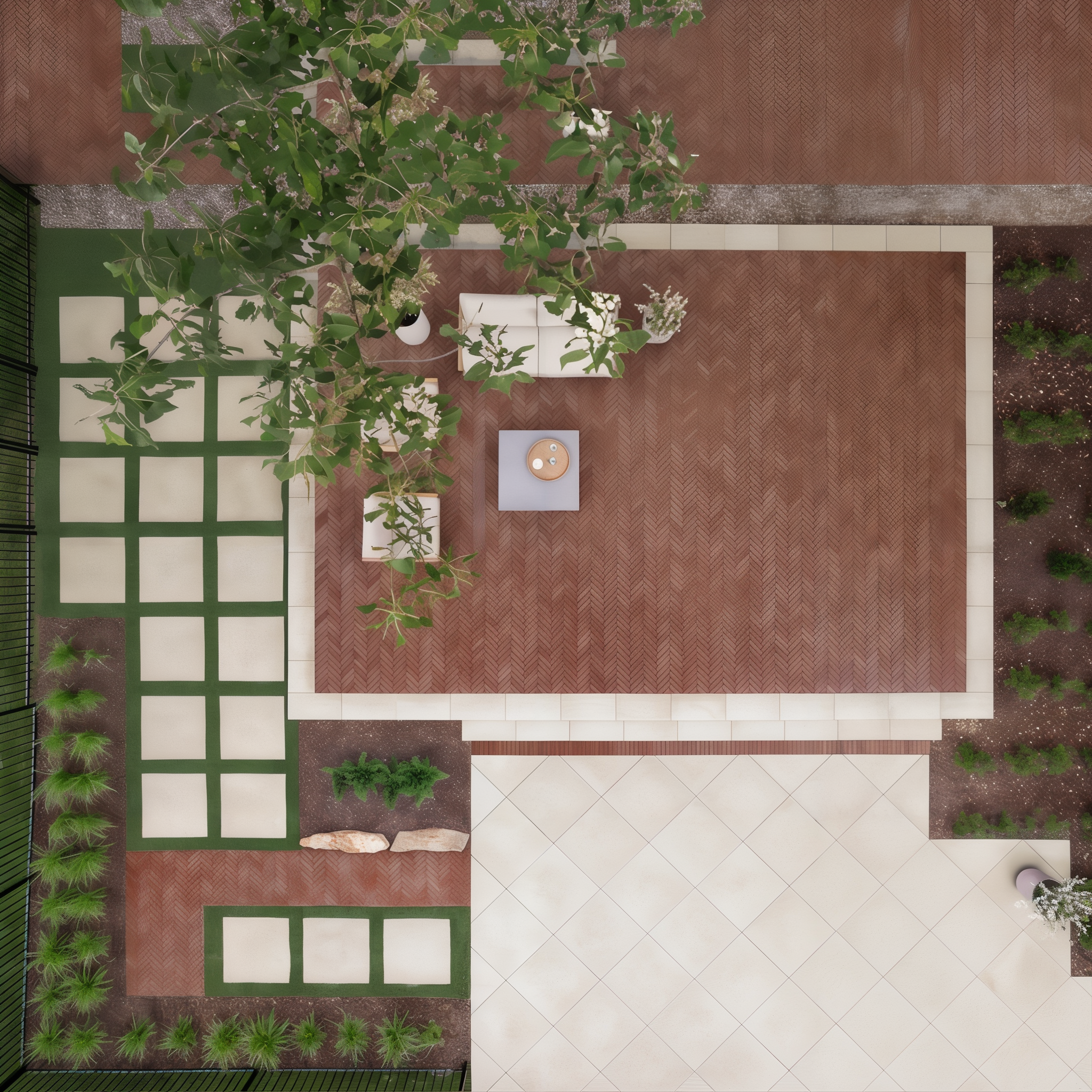 Westmount Merlot HD² herringbone pavers define seating area; Chestnut Brown Single Size.