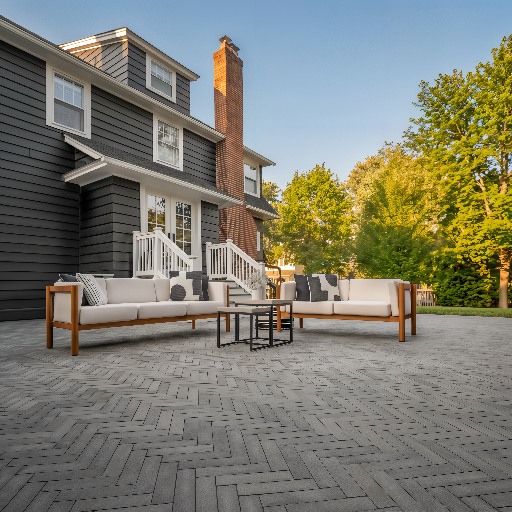 Westmount Shale Grey HD² Smooth paver herringbone modern patio; Onyx Black Single Size.