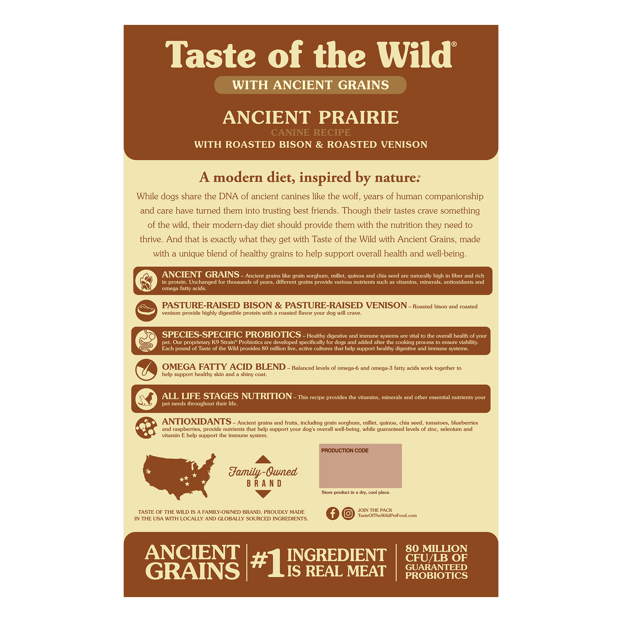 Back of the Ancient Prairie bag describing ancient grains, pasture-raised bison and venison, species-specific probiotics, omega fatty acids, all life stages nutrition and antioxidants