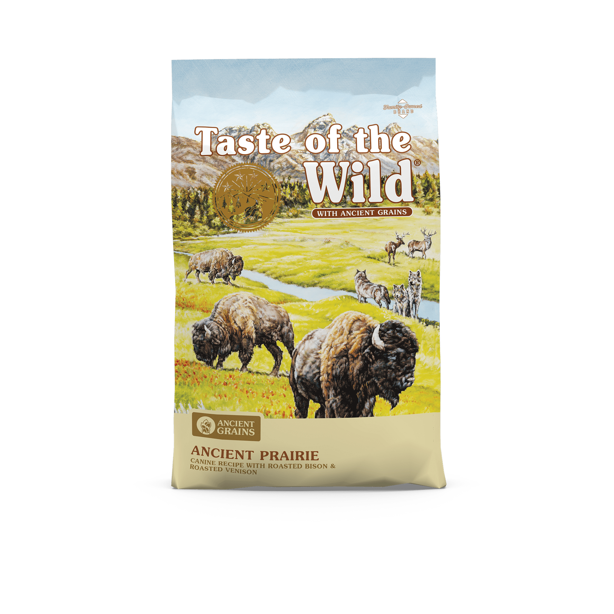 Front of the Taste of the Wild Ancient Prairie with Ancient Grains bag with painted artwork of bison grazing on the prairie