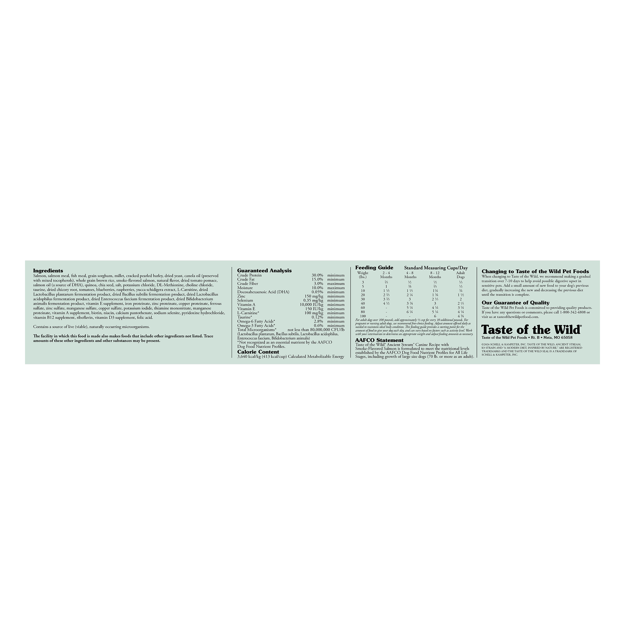 Side panel of the bag with ingredients, guaranteed analysis, feeding guide, calorie content and AAFCO statement