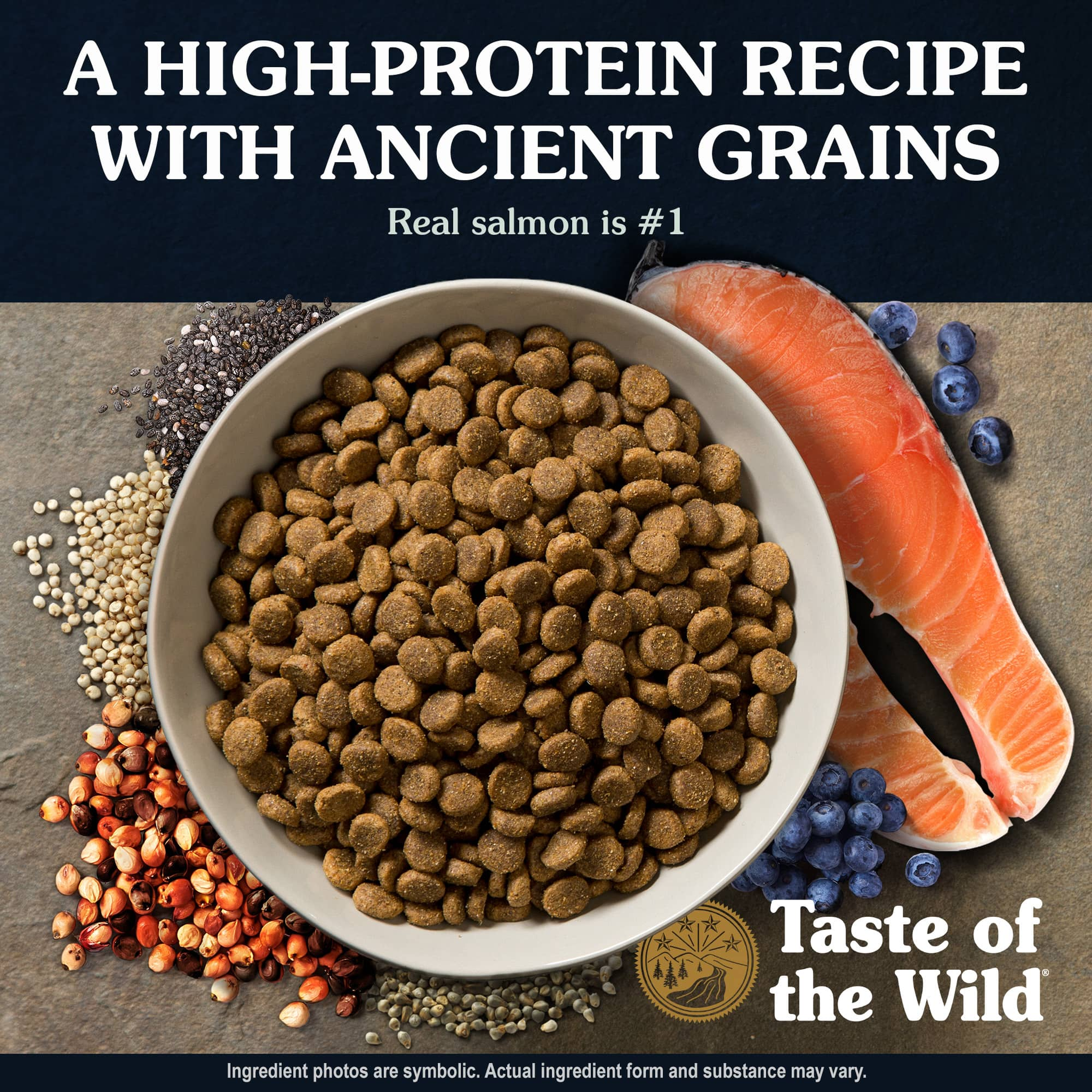 Bowl of high-protein ancient grains kibble with real salmon as the number one ingredient beside a salmon fillet and blueberries