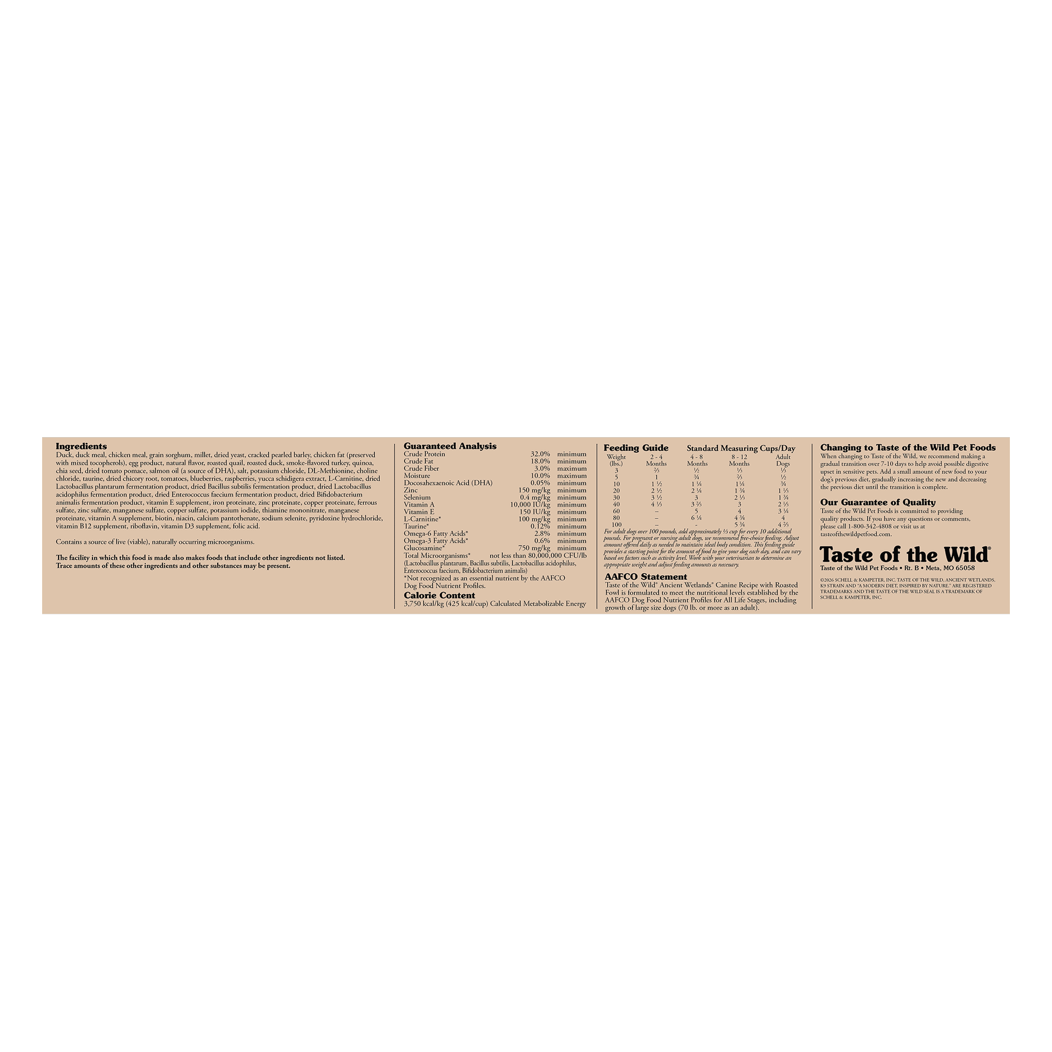 Side panel of the bag with ingredients, guaranteed analysis, feeding guide, calorie content and AAFCO statement